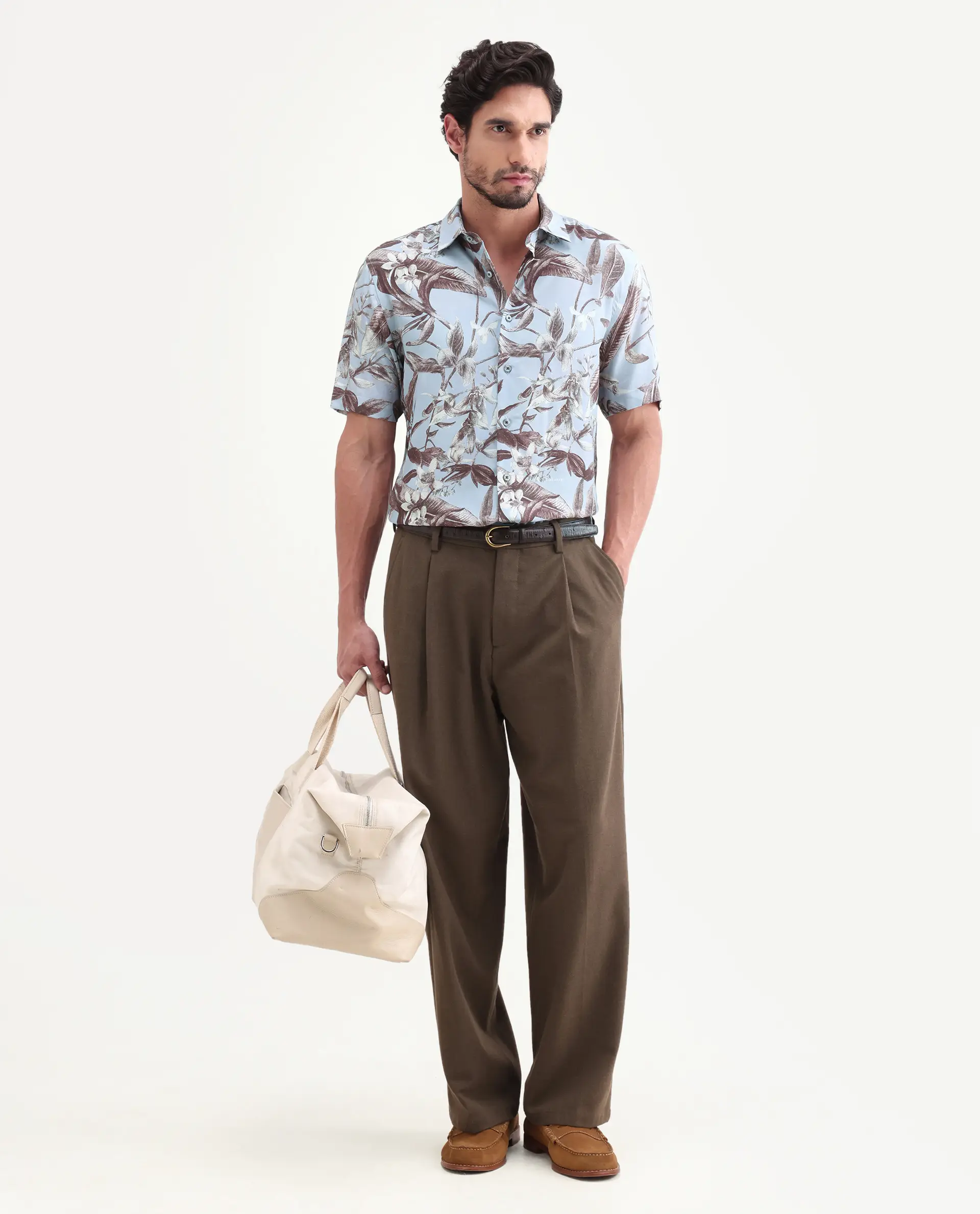 Rare Rabbit Men's Zime Dusky Blue Viscose Fabric Half Sleeve Cuban Collar Regular Fit Tropical Print Shirt - Image 2