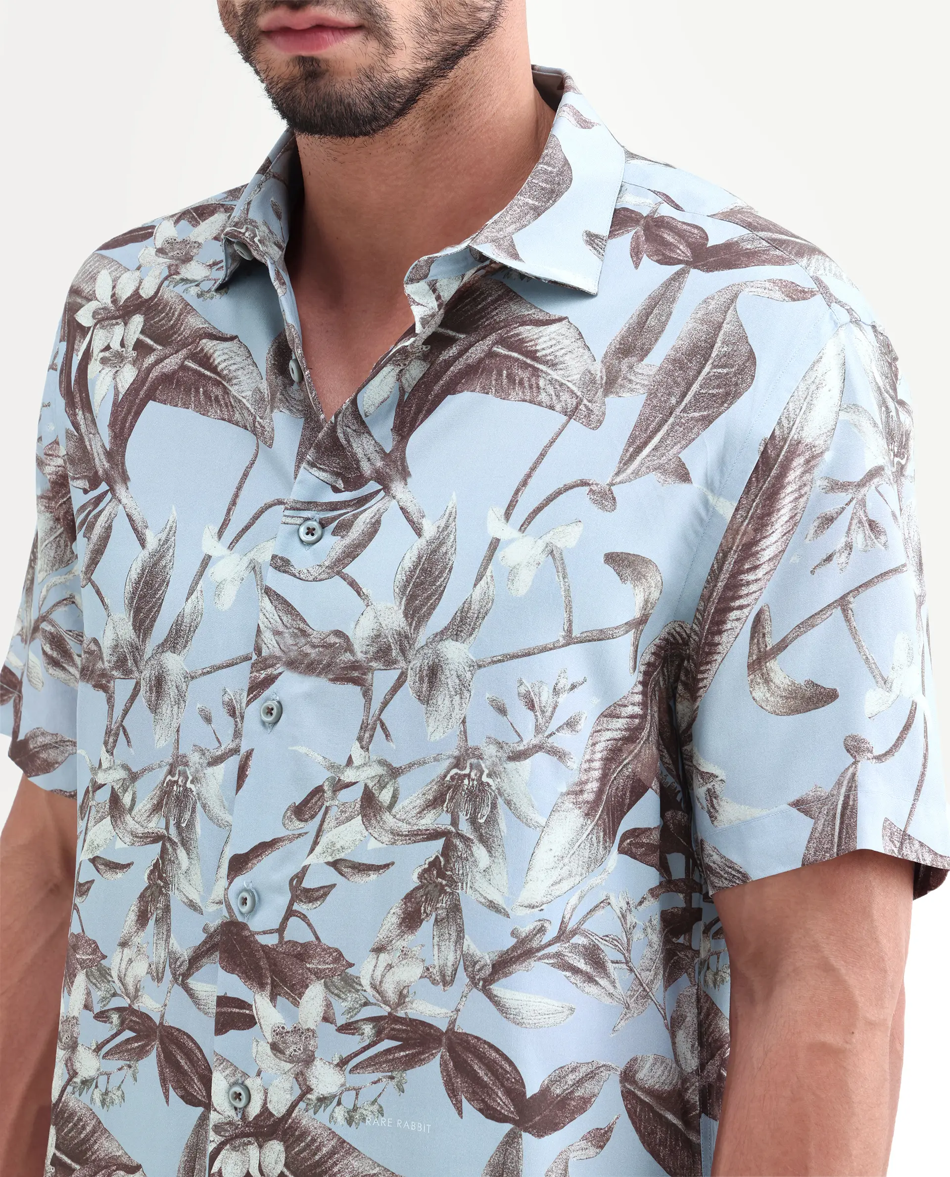 Rare Rabbit Men's Zime Dusky Blue Viscose Fabric Half Sleeve Cuban Collar Regular Fit Tropical Print Shirt - Image 3