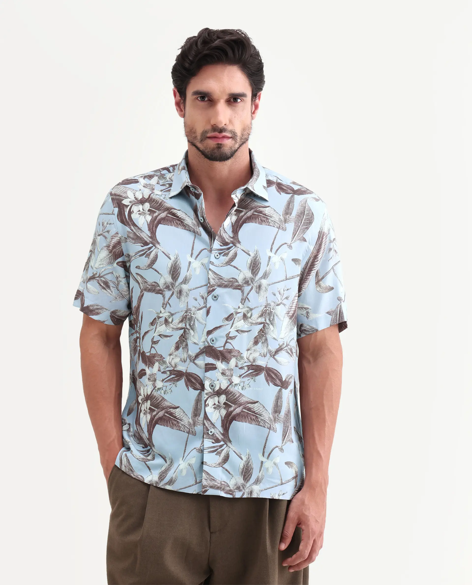 Rare Rabbit Men's Zime Dusky Blue Viscose Fabric Half Sleeve Cuban Collar Regular Fit Tropical Print Shirt - Image 4