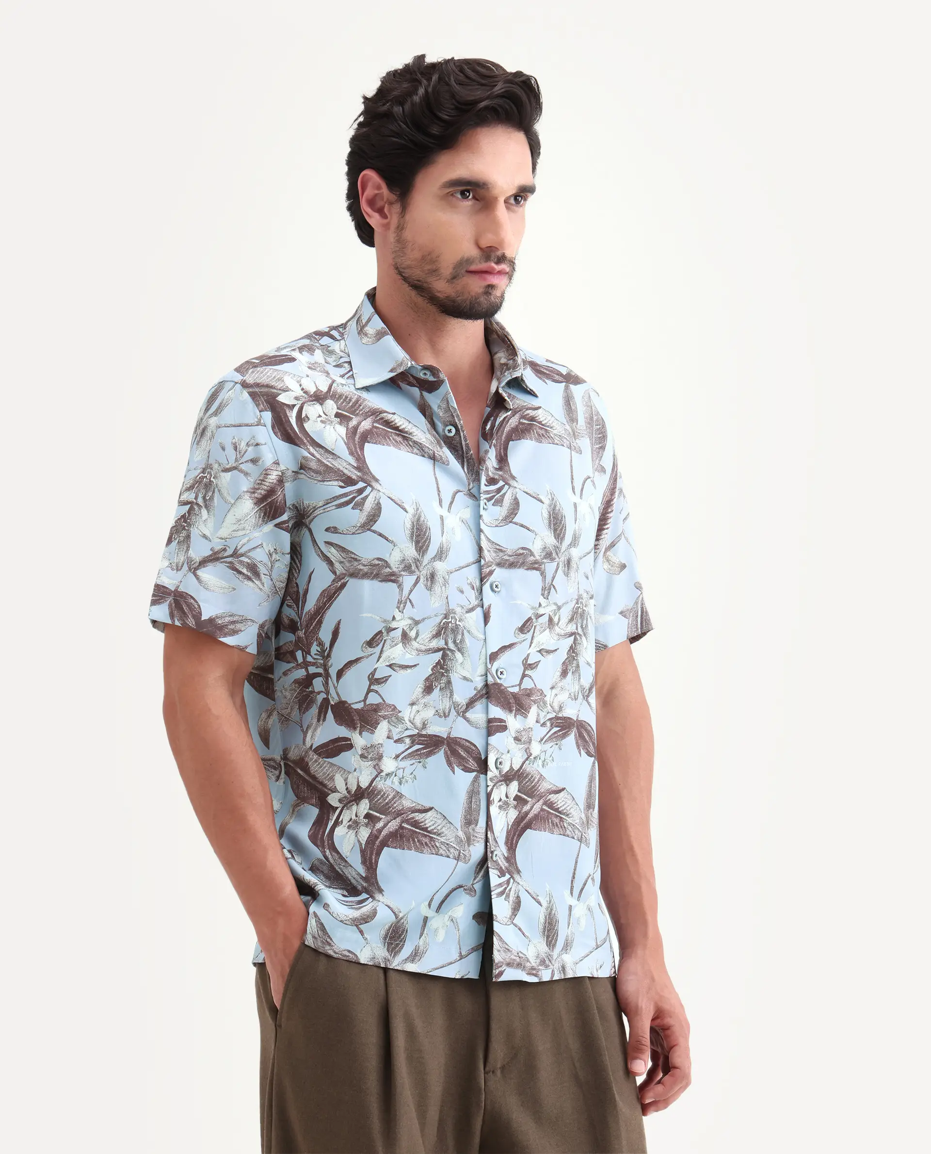 Rare Rabbit Men's Zime Dusky Blue Viscose Fabric Half Sleeve Cuban Collar Regular Fit Tropical Print Shirt - Image 5