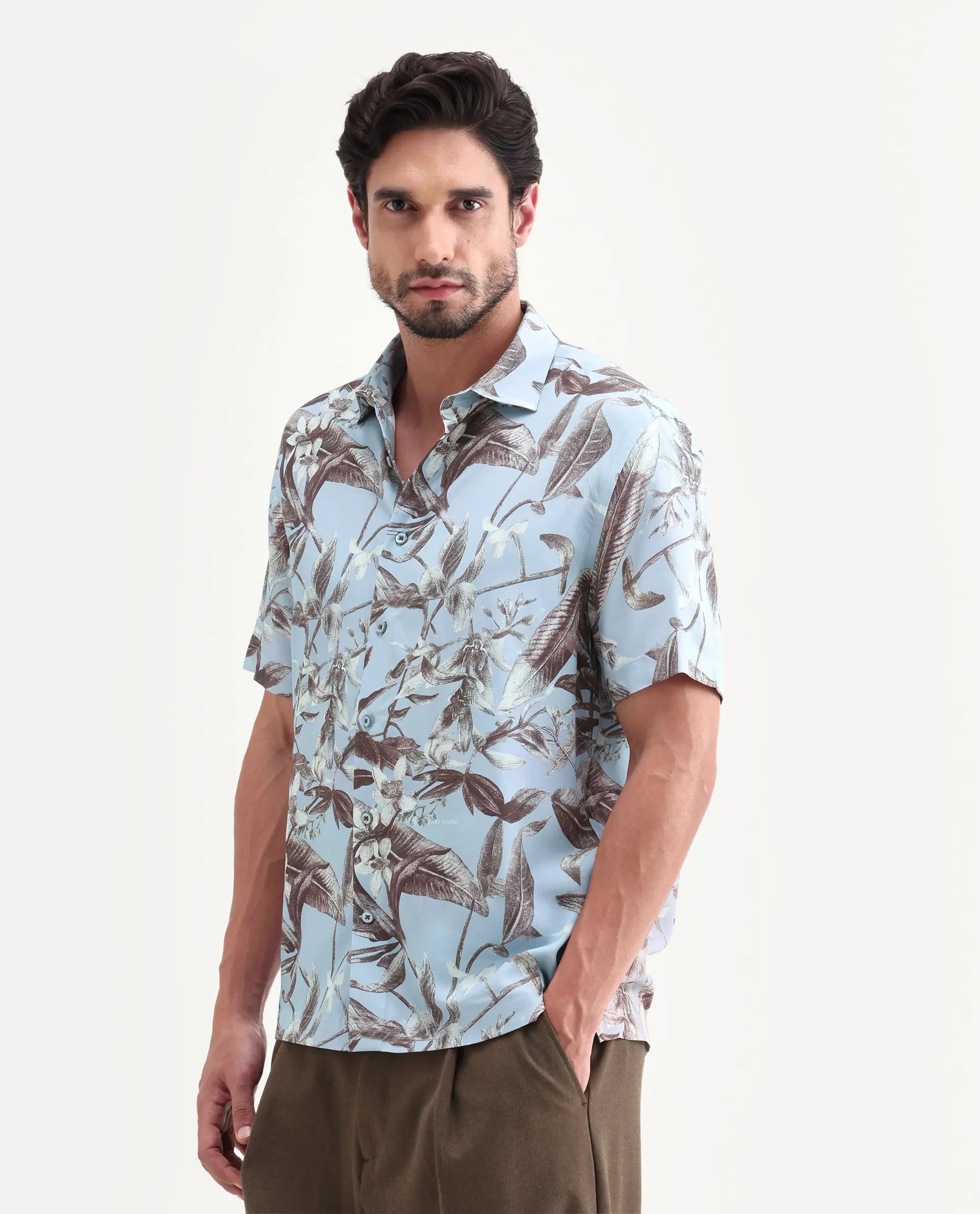 Rare Rabbit Men's Zime Dusky Blue Viscose Fabric Half Sleeve Cuban Collar Regular Fit Tropical Print Shirt - Image 6