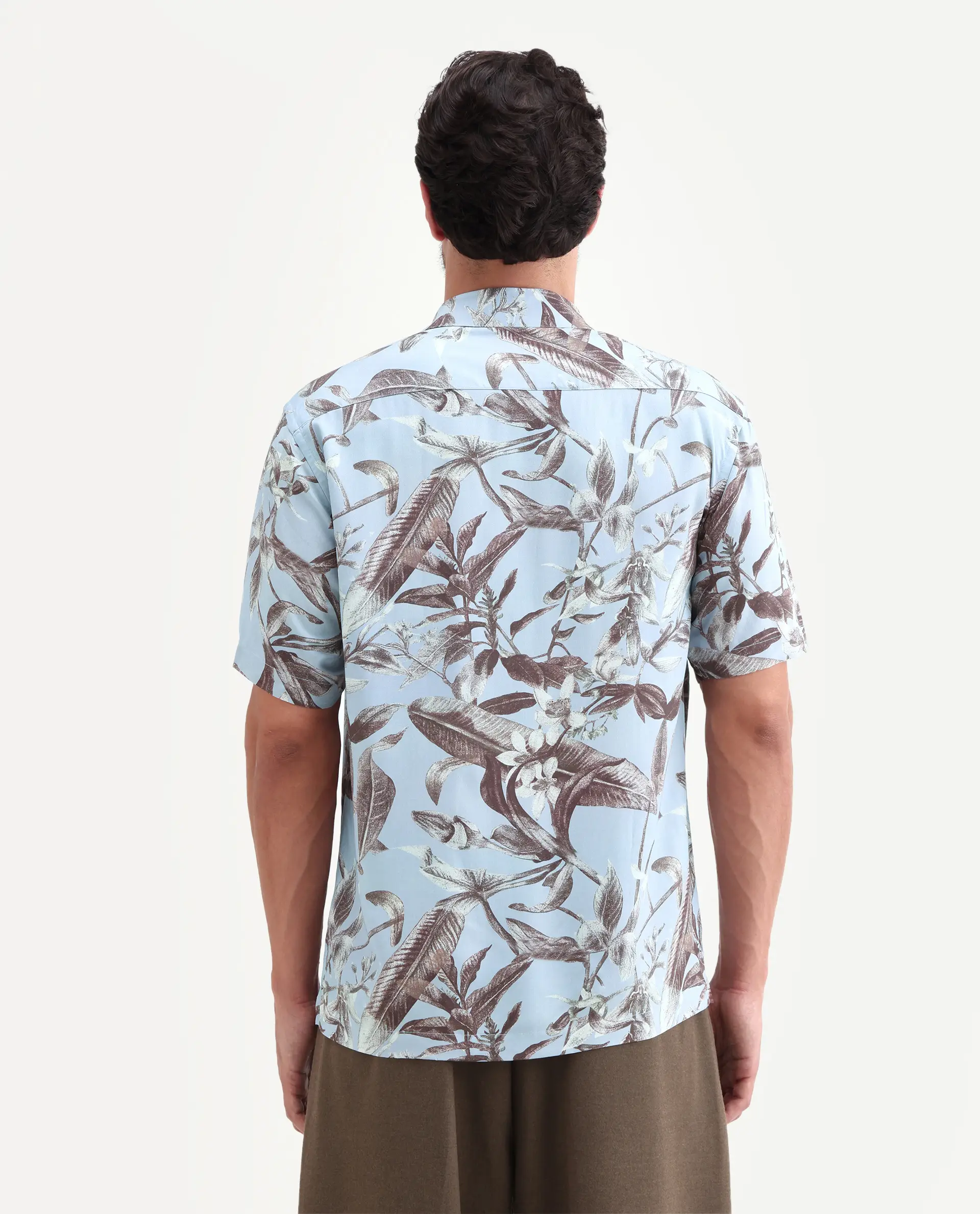 Rare Rabbit Men's Zime Dusky Blue Viscose Fabric Half Sleeve Cuban Collar Regular Fit Tropical Print Shirt - Image 7
