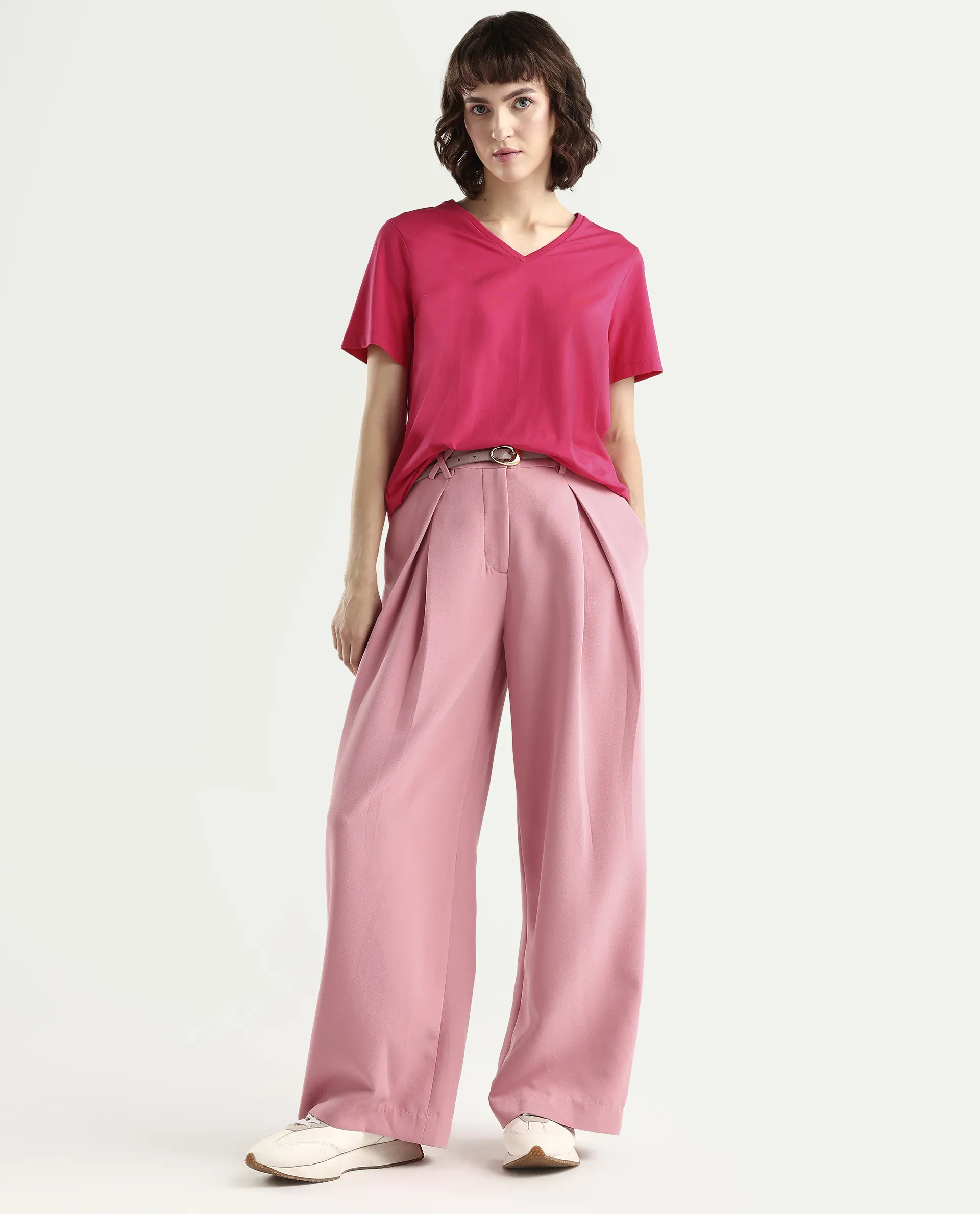 Rareism Women's Zin Dark Pink Cotton Blend Half Sleeve Relaxed Fit Plain T-Shirt - Image 2
