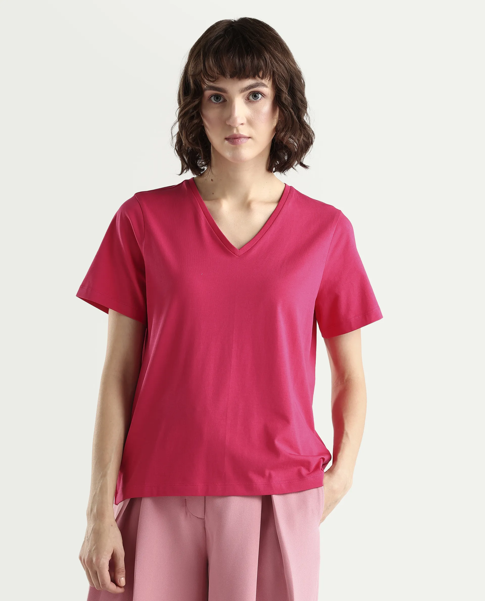 Rareism Women's Zin Dark Pink Cotton Blend Half Sleeve Relaxed Fit Plain T-Shirt - Image 3