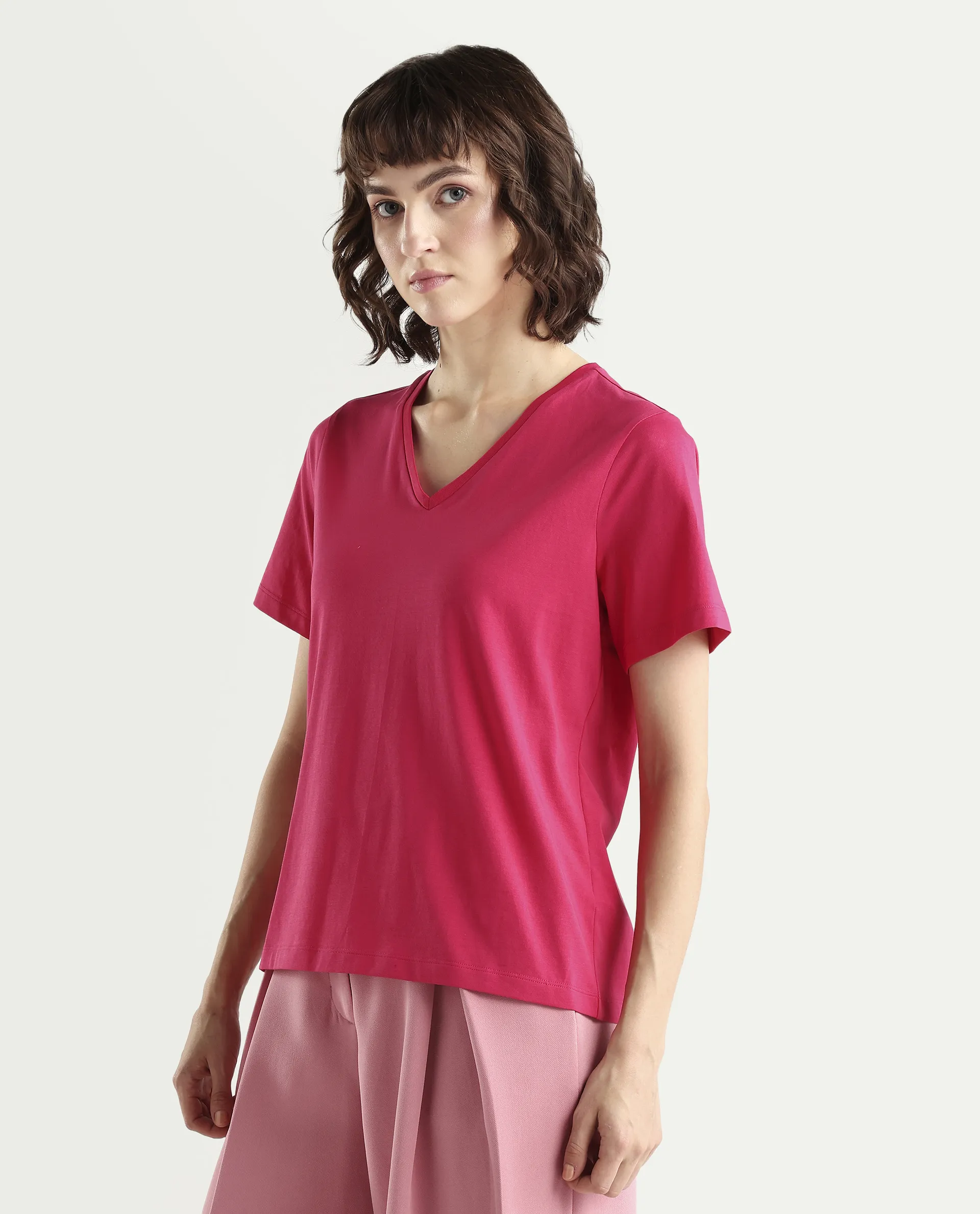 Rareism Women's Zin Dark Pink Cotton Blend Half Sleeve Relaxed Fit Plain T-Shirt - Image 5