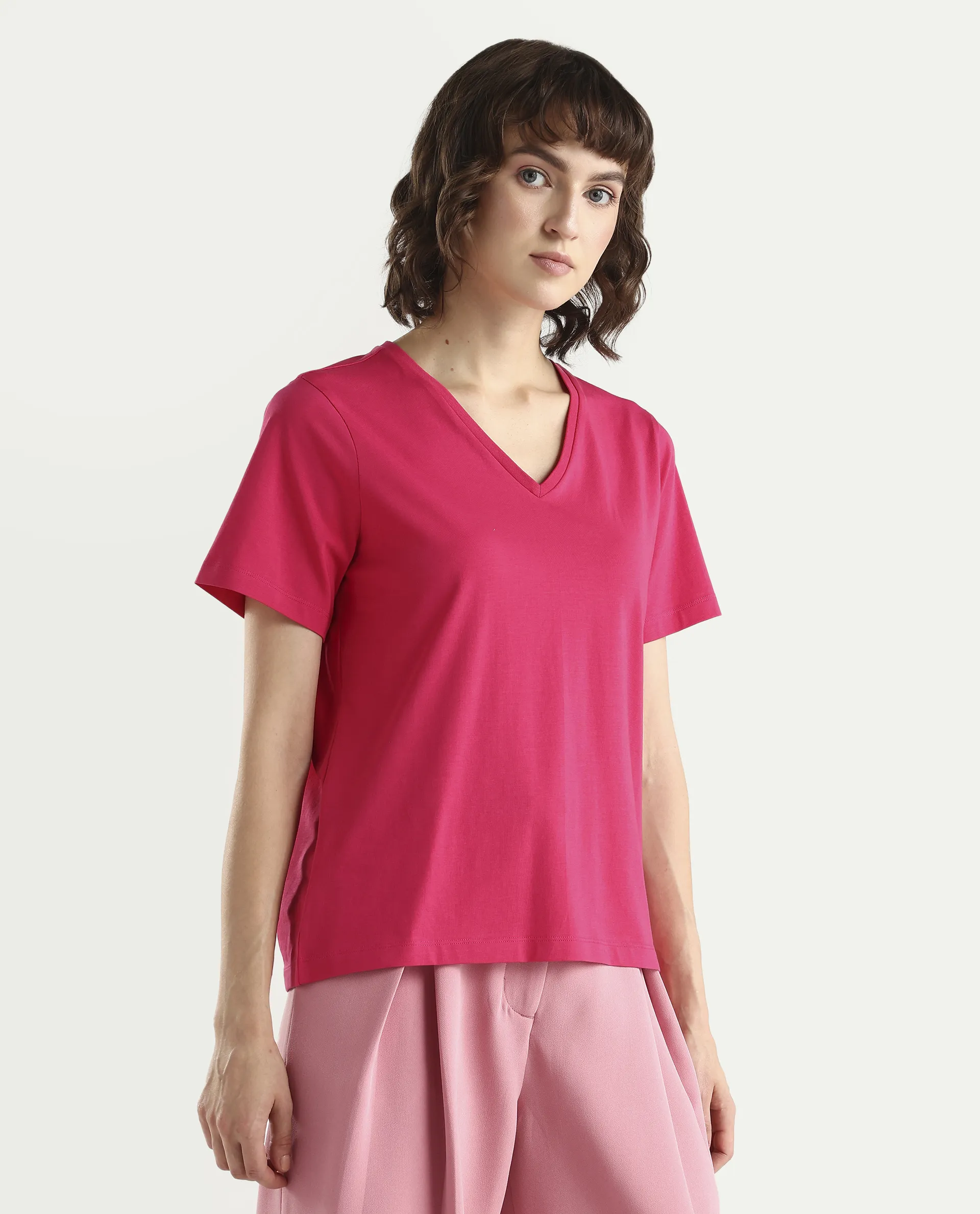 Rareism Women's Zin Dark Pink Cotton Blend Half Sleeve Relaxed Fit Plain T-Shirt - Image 6