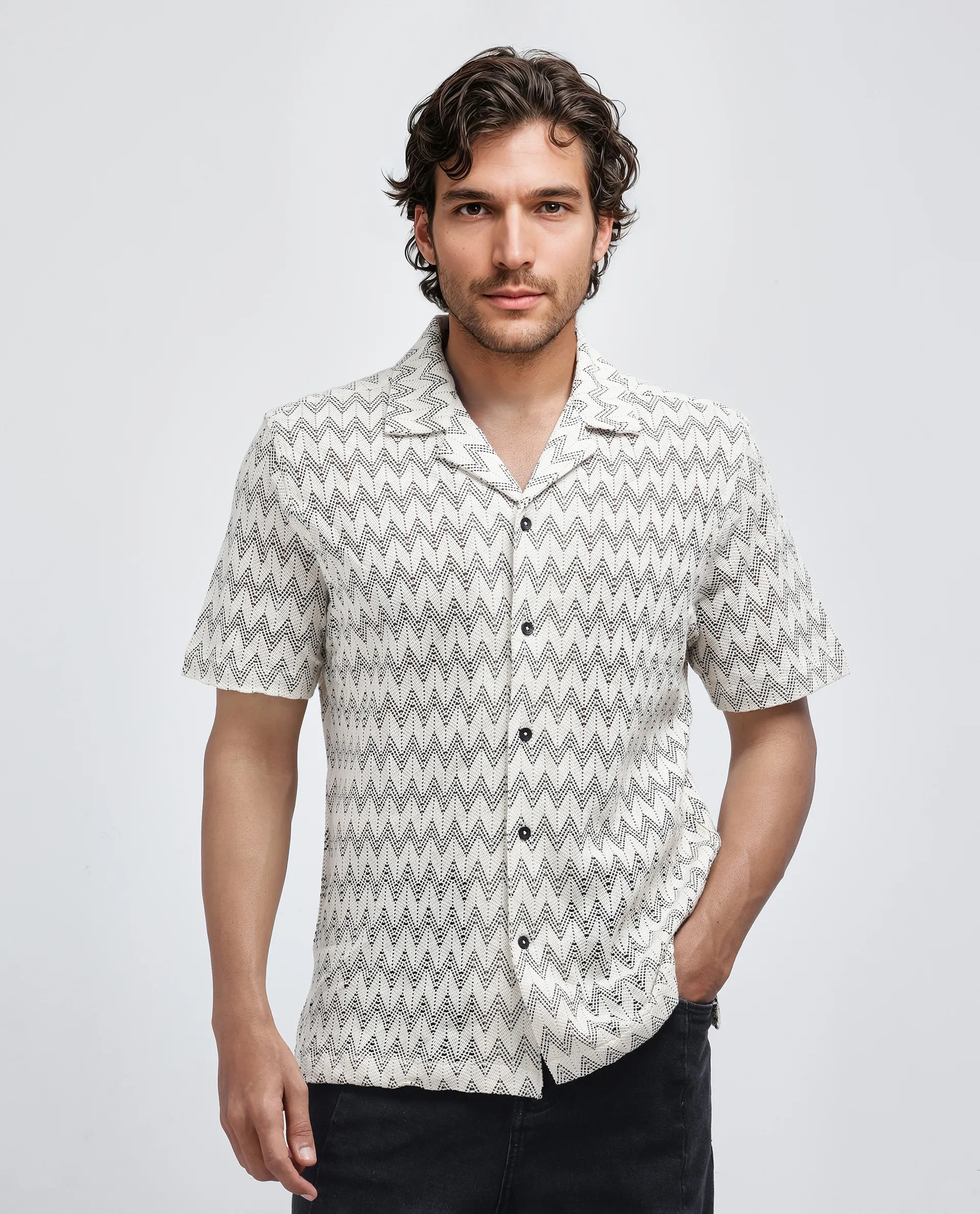 Rare Rabbit Men's Zina Off White Cotton Zig Zag Print Boxy Fit Half Sleeve Cuban Collar Shirt - Image 2