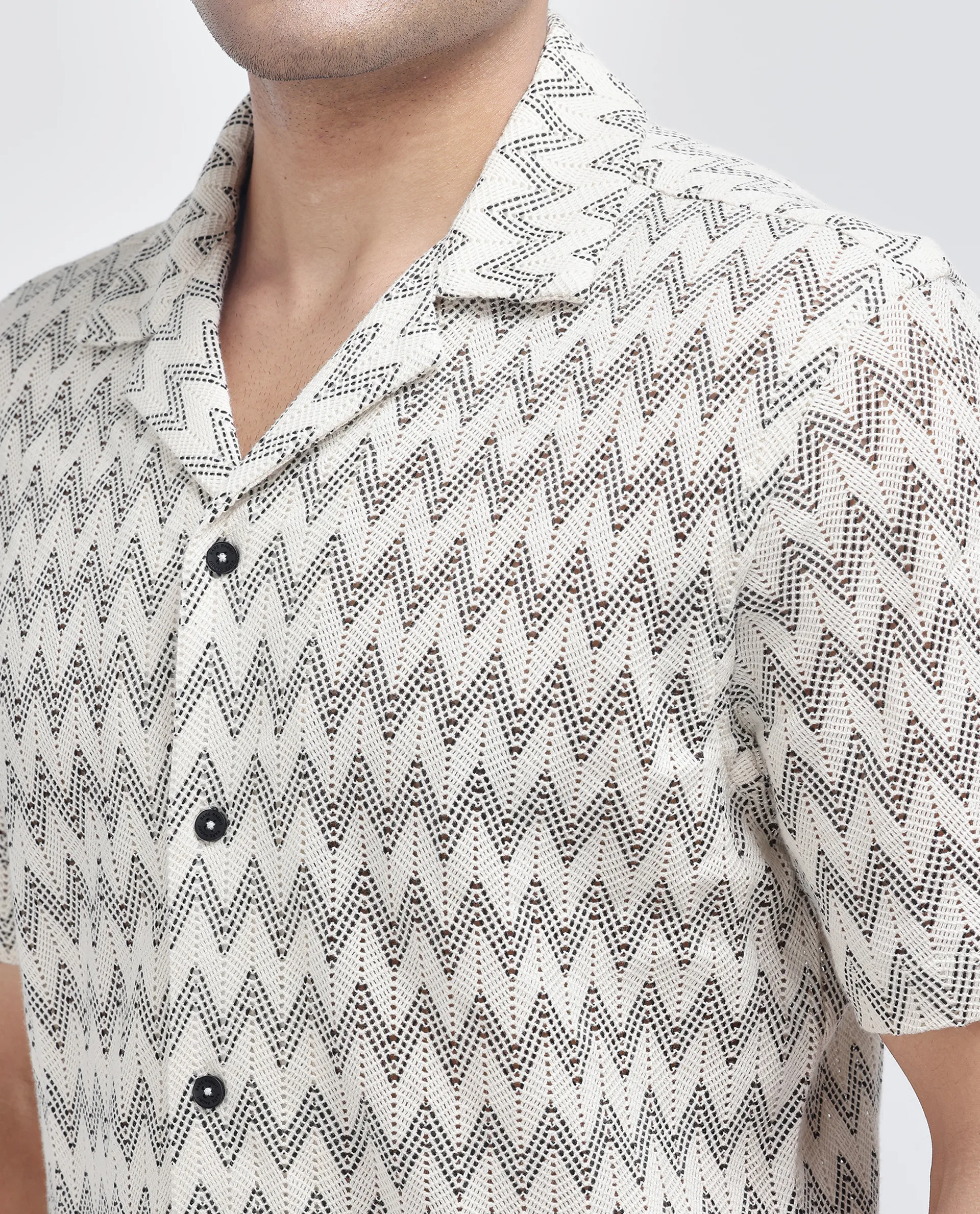 Rare Rabbit Men's Zina Off White Cotton Zig Zag Print Boxy Fit Half Sleeve Cuban Collar Shirt - Image 3