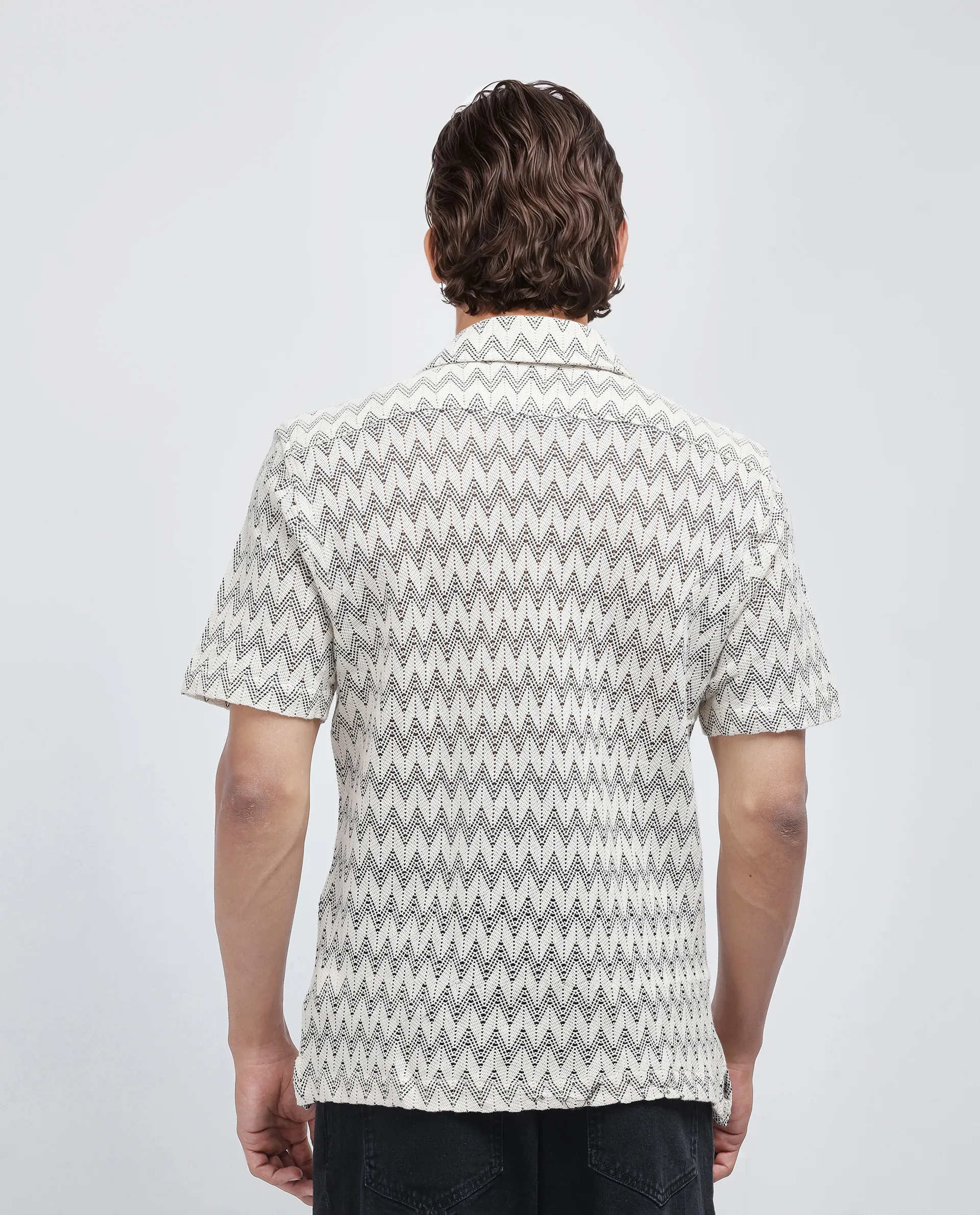 Rare Rabbit Men's Zina Off White Cotton Zig Zag Print Boxy Fit Half Sleeve Cuban Collar Shirt - Image 4