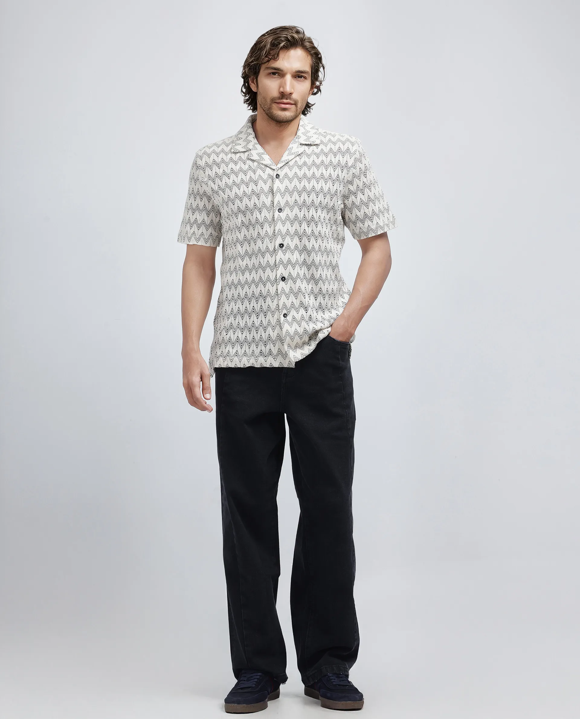 Rare Rabbit Men's Zina Off White Cotton Zig Zag Print Boxy Fit Half Sleeve Cuban Collar Shirt - Image 5
