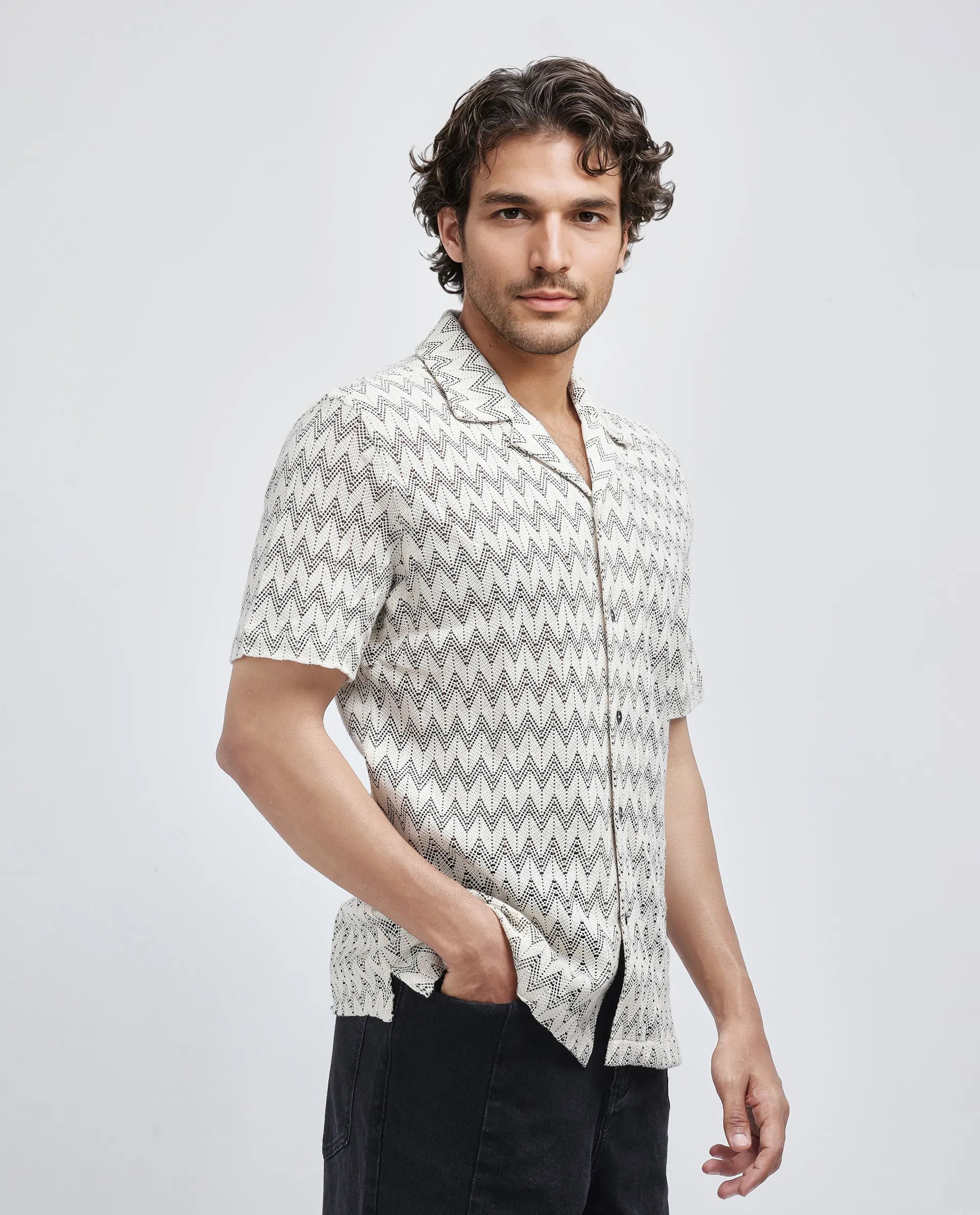 Rare Rabbit Men's Zina Off White Cotton Zig Zag Print Boxy Fit Half Sleeve Cuban Collar Shirt - Image 6