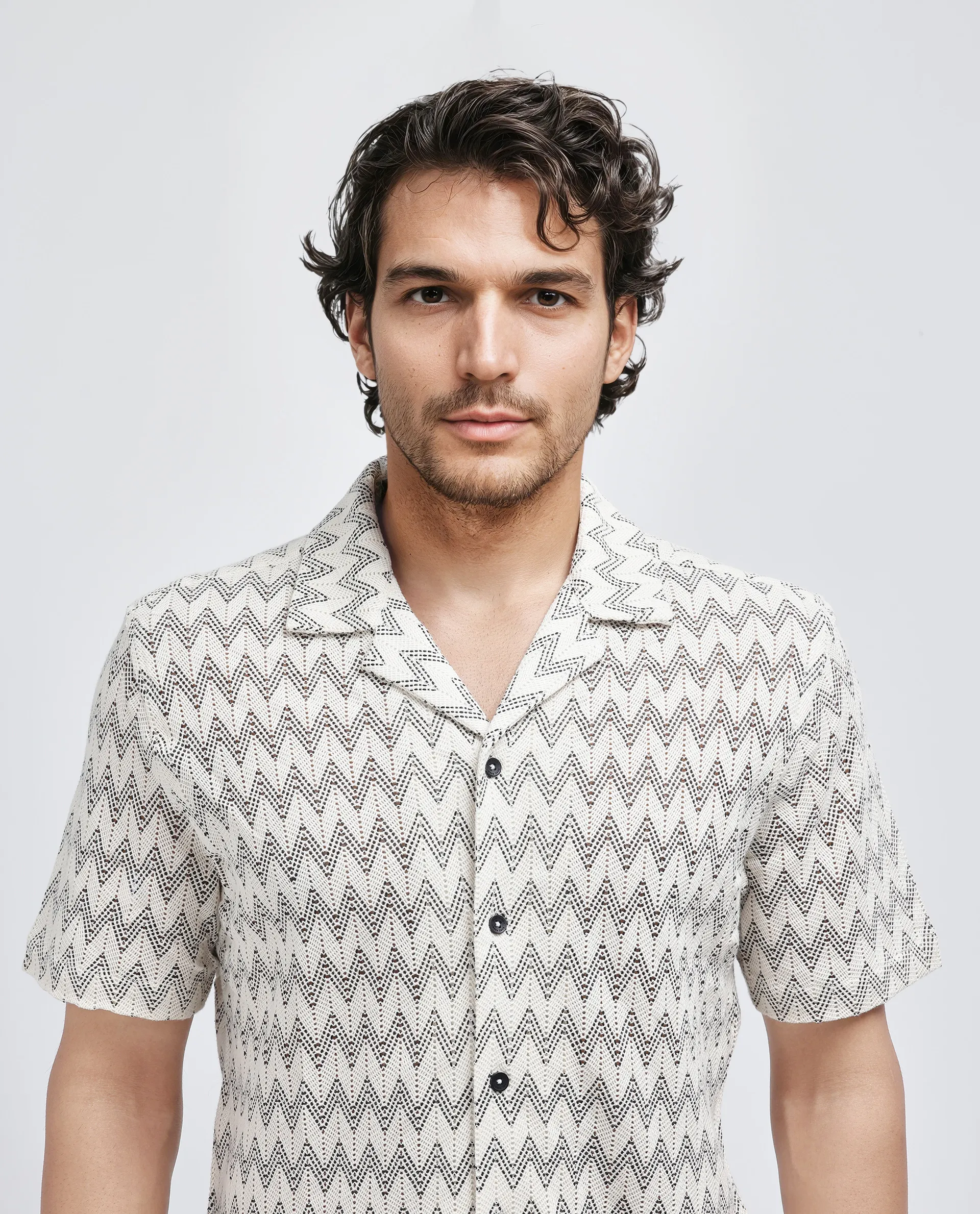Rare Rabbit Men's Zina Off White Cotton Zig Zag Print Boxy Fit Half Sleeve Cuban Collar Shirt - Image 7
