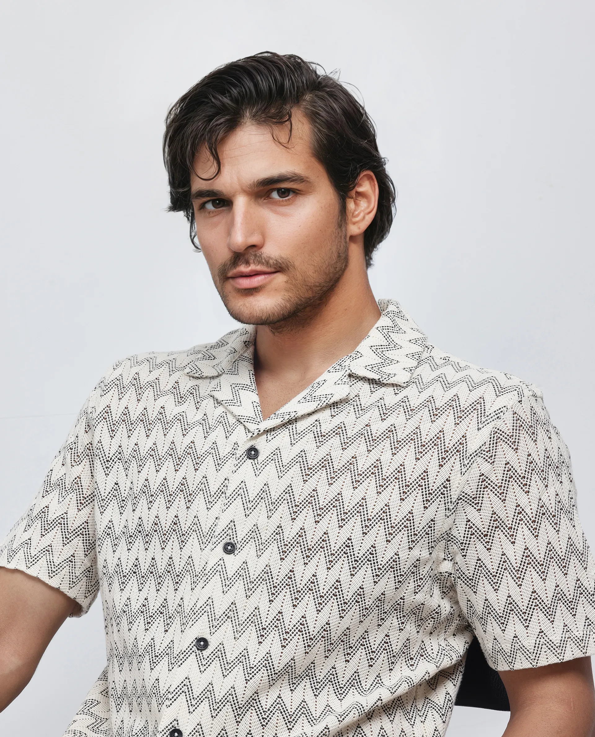 Rare Rabbit Men's Zina Off White Cotton Zig Zag Print Boxy Fit Half Sleeve Cuban Collar Shirt - Image 8