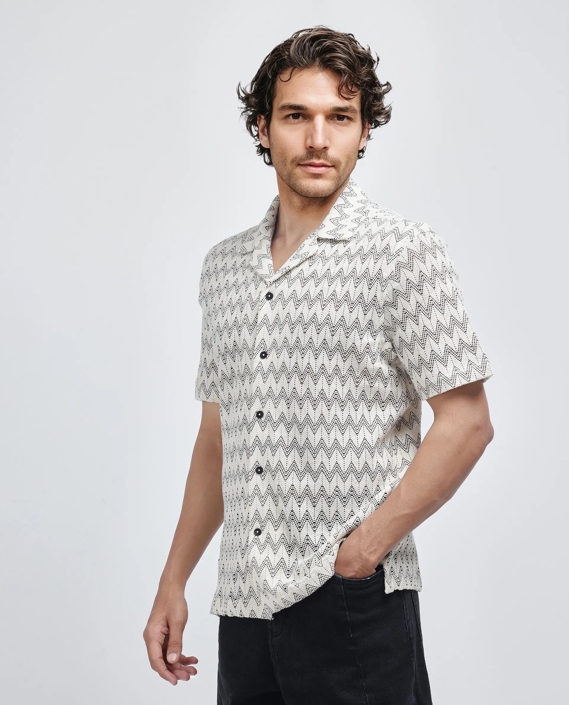 Rare Rabbit Men's Zina Off White Cotton Zig Zag Print Boxy Fit Half Sleeve Cuban Collar Shirt - Image 9