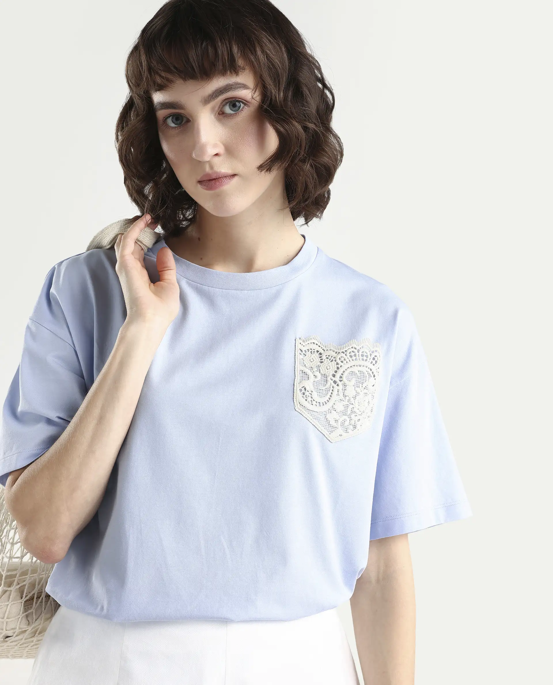 Rareism Women's Zinay Pastel Blue Cotton Blend Half Sleeve Boxy Plain T-Shirt