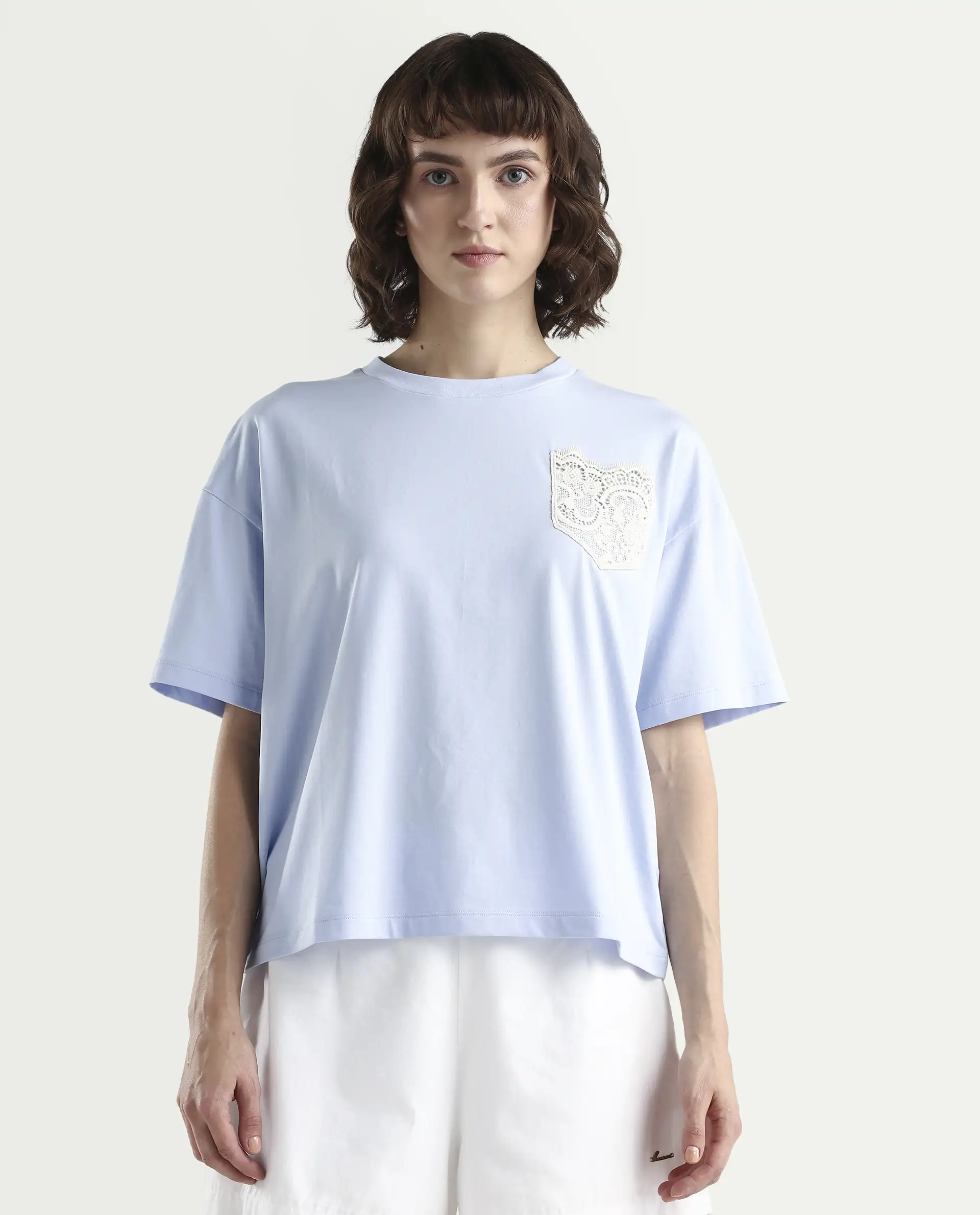 Rareism Women's Zinay Pastel Blue Cotton Blend Half Sleeve Boxy Plain T-Shirt - Image 3