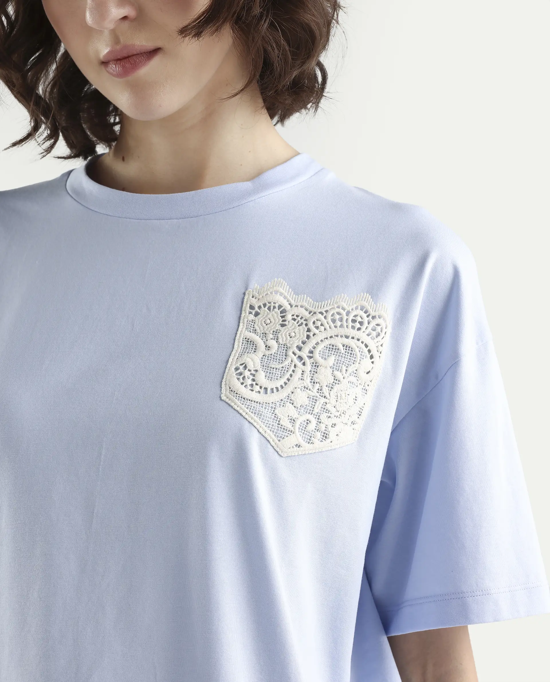 Rareism Women's Zinay Pastel Blue Cotton Blend Half Sleeve Boxy Plain T-Shirt - Image 4