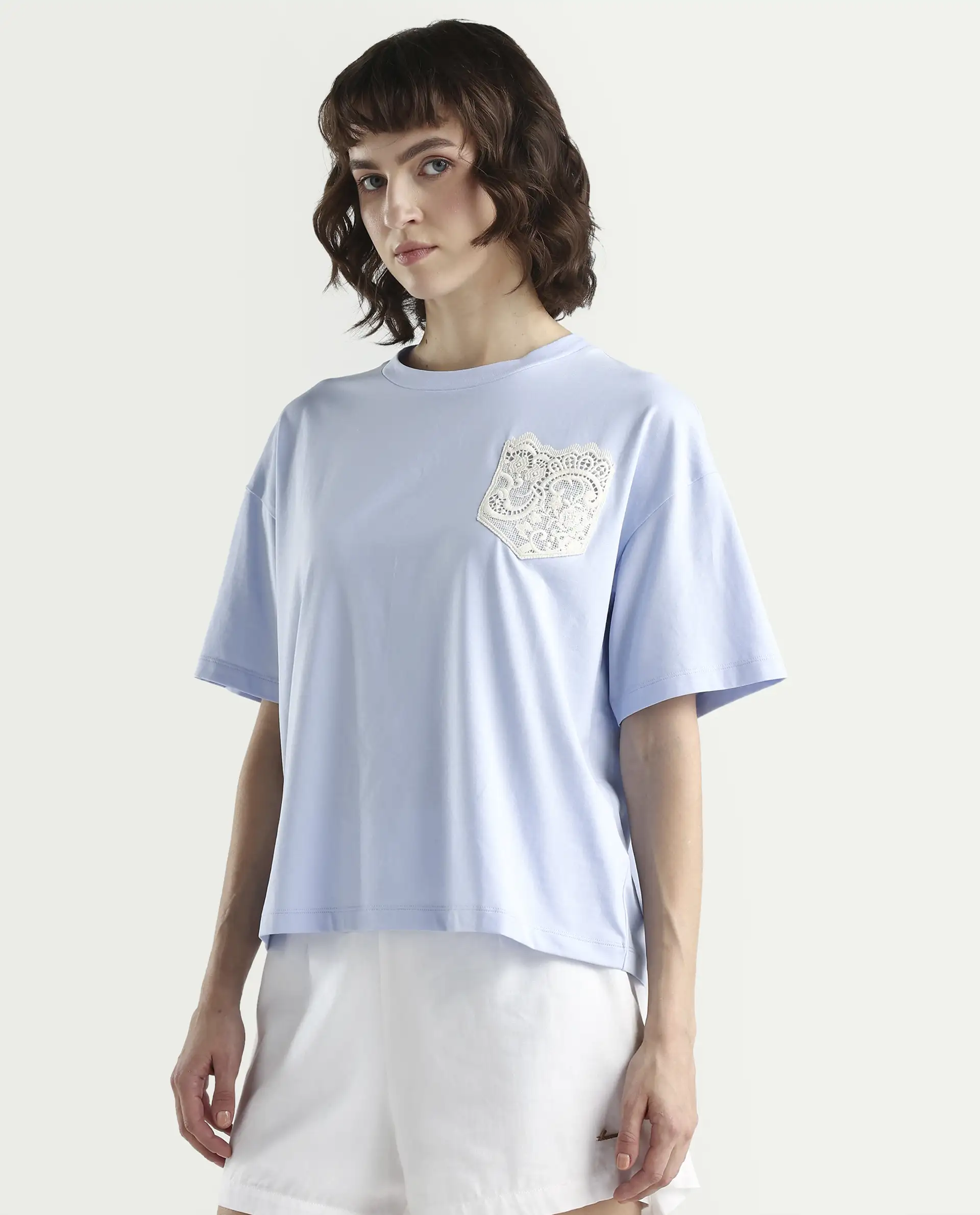 Rareism Women's Zinay Pastel Blue Cotton Blend Half Sleeve Boxy Plain T-Shirt - Image 5