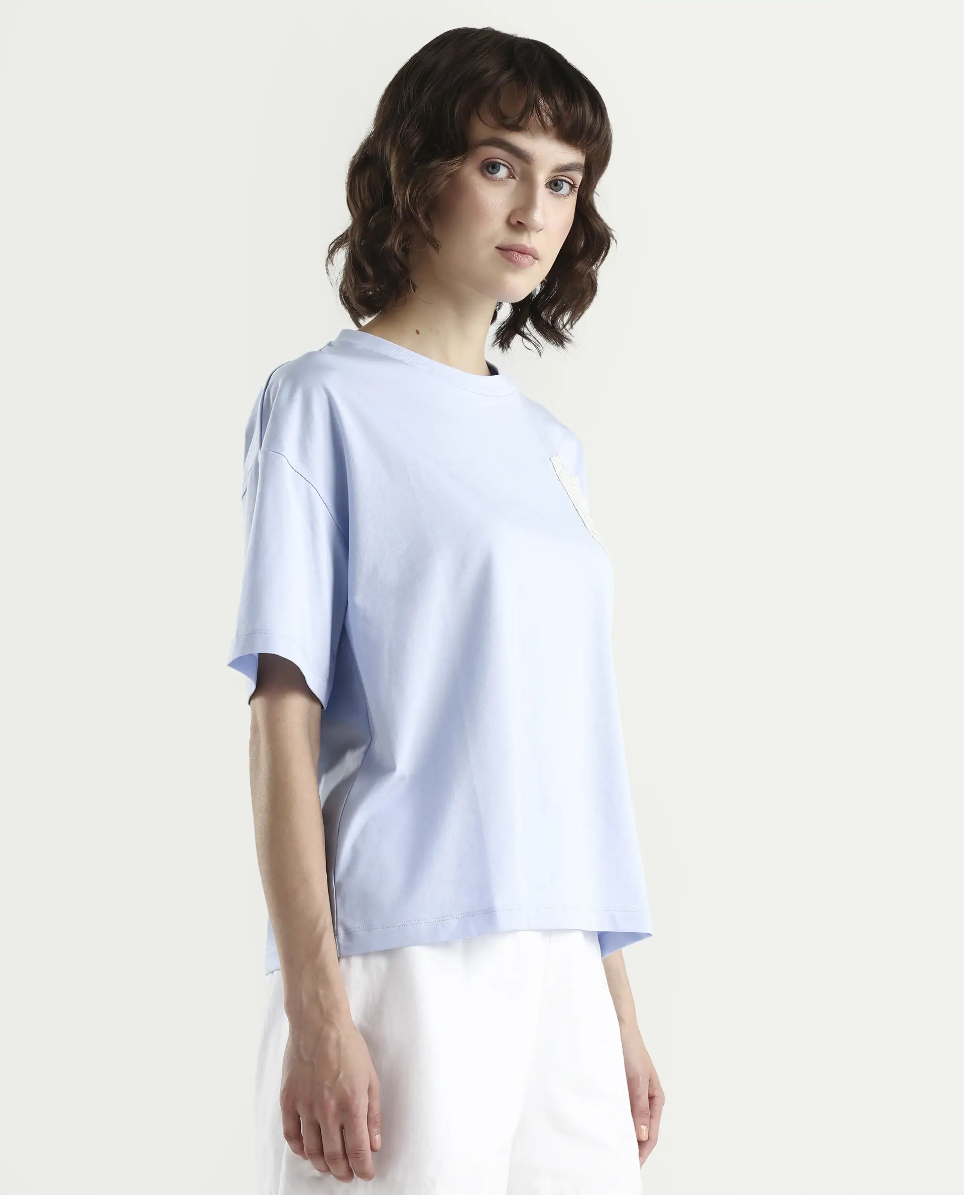 Rareism Women's Zinay Pastel Blue Cotton Blend Half Sleeve Boxy Plain T-Shirt - Image 6