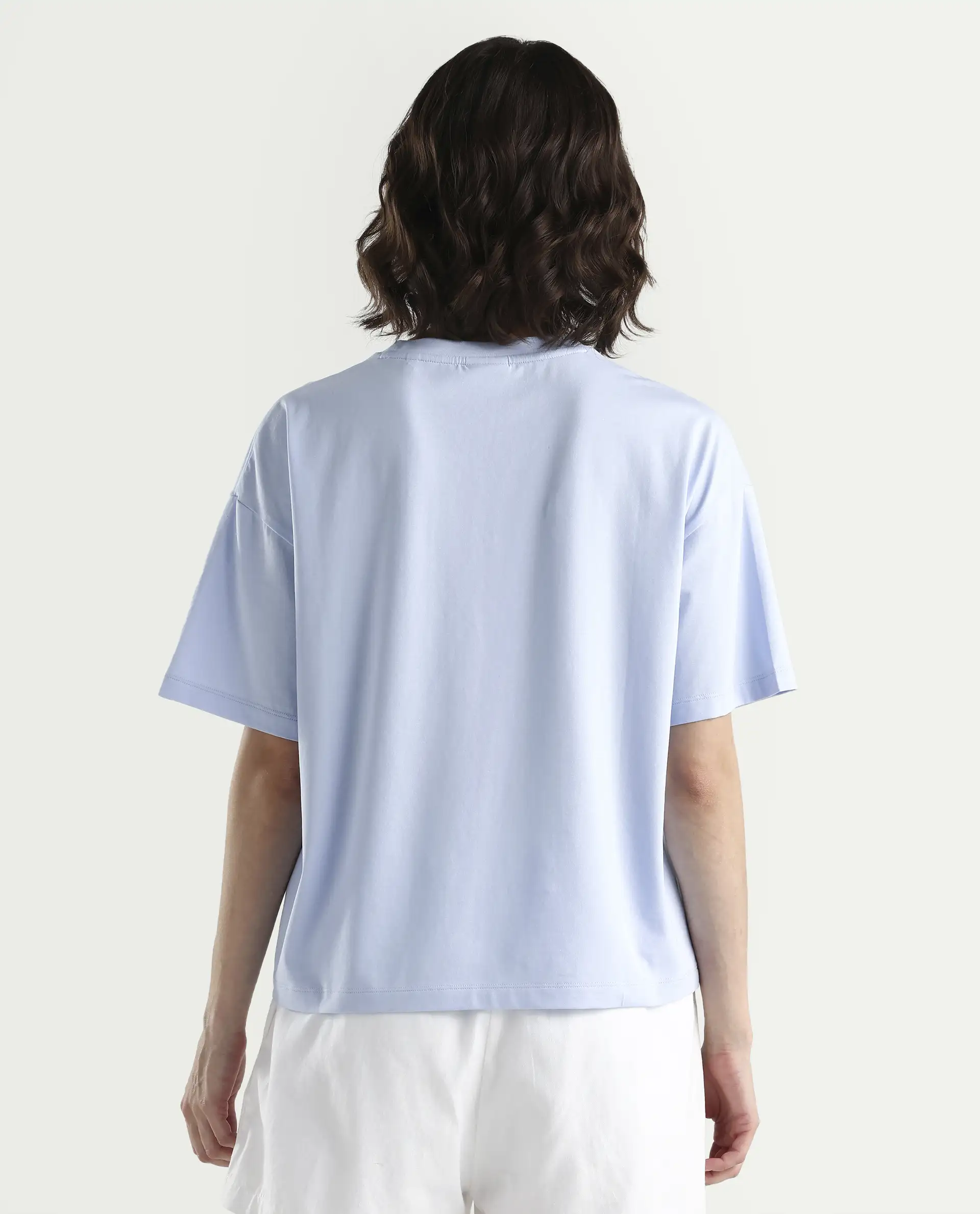 Rareism Women's Zinay Pastel Blue Cotton Blend Half Sleeve Boxy Plain T-Shirt - Image 7