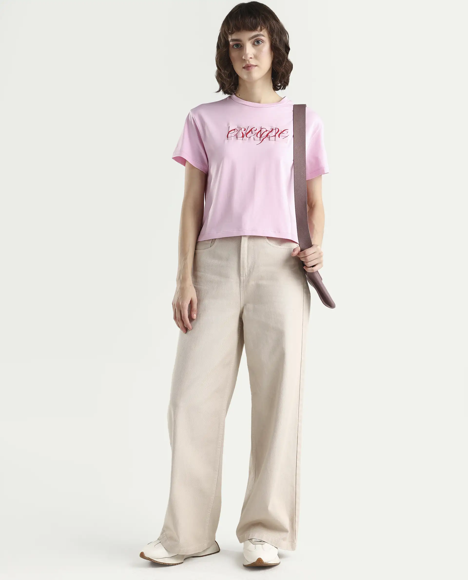 Rareism Women's Zinc Pink Cotton Blend Half Sleeve Relaxed Fit Printed T-Shirt - Image 2