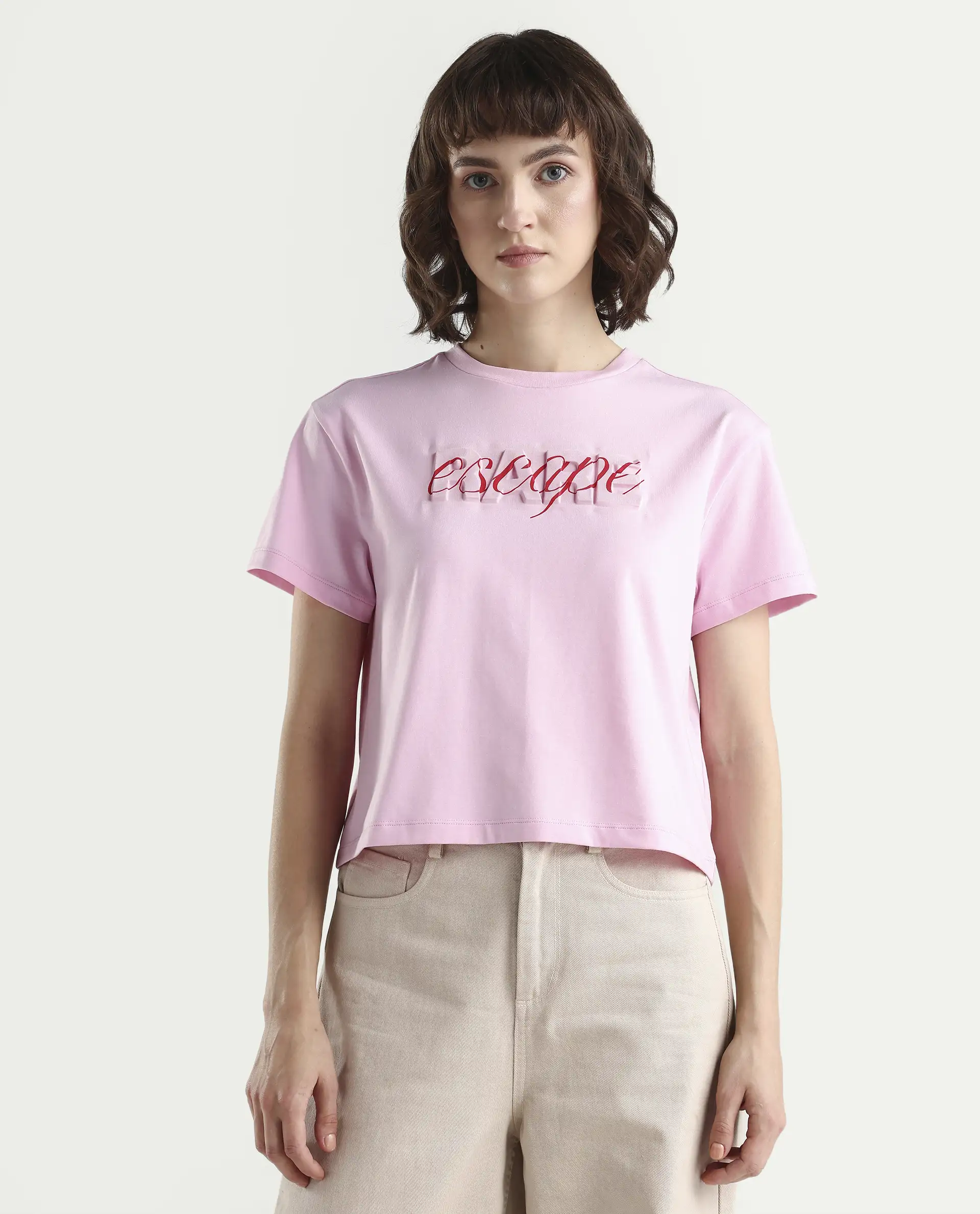Rareism Women's Zinc Pink Cotton Blend Half Sleeve Relaxed Fit Printed T-Shirt - Image 3