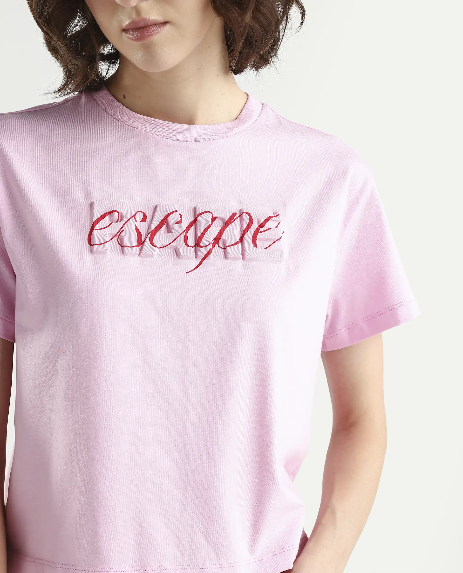 Rareism Women's Zinc Pink Cotton Blend Half Sleeve Relaxed Fit Printed T-Shirt - Image 4