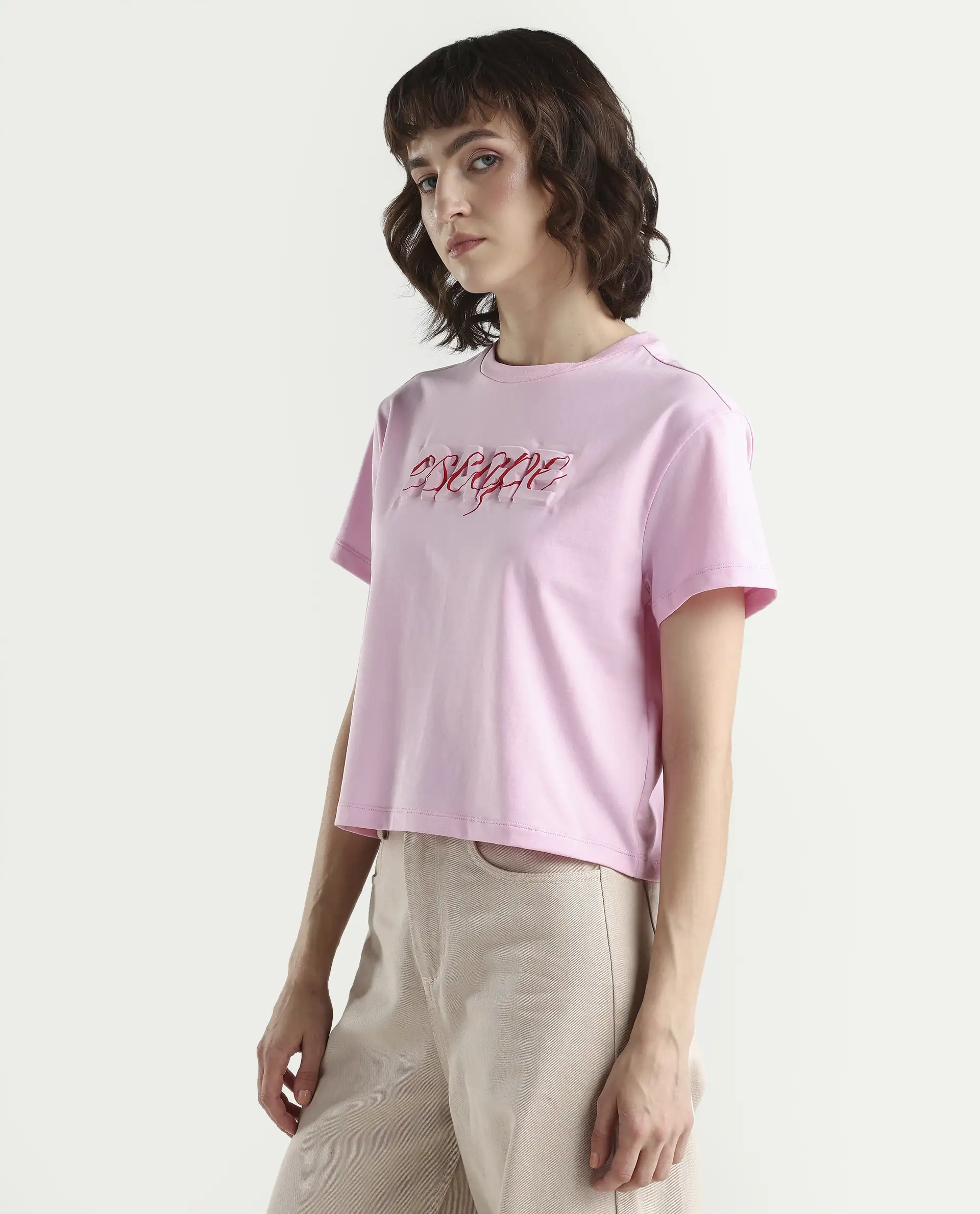 Rareism Women's Zinc Pink Cotton Blend Half Sleeve Relaxed Fit Printed T-Shirt - Image 5