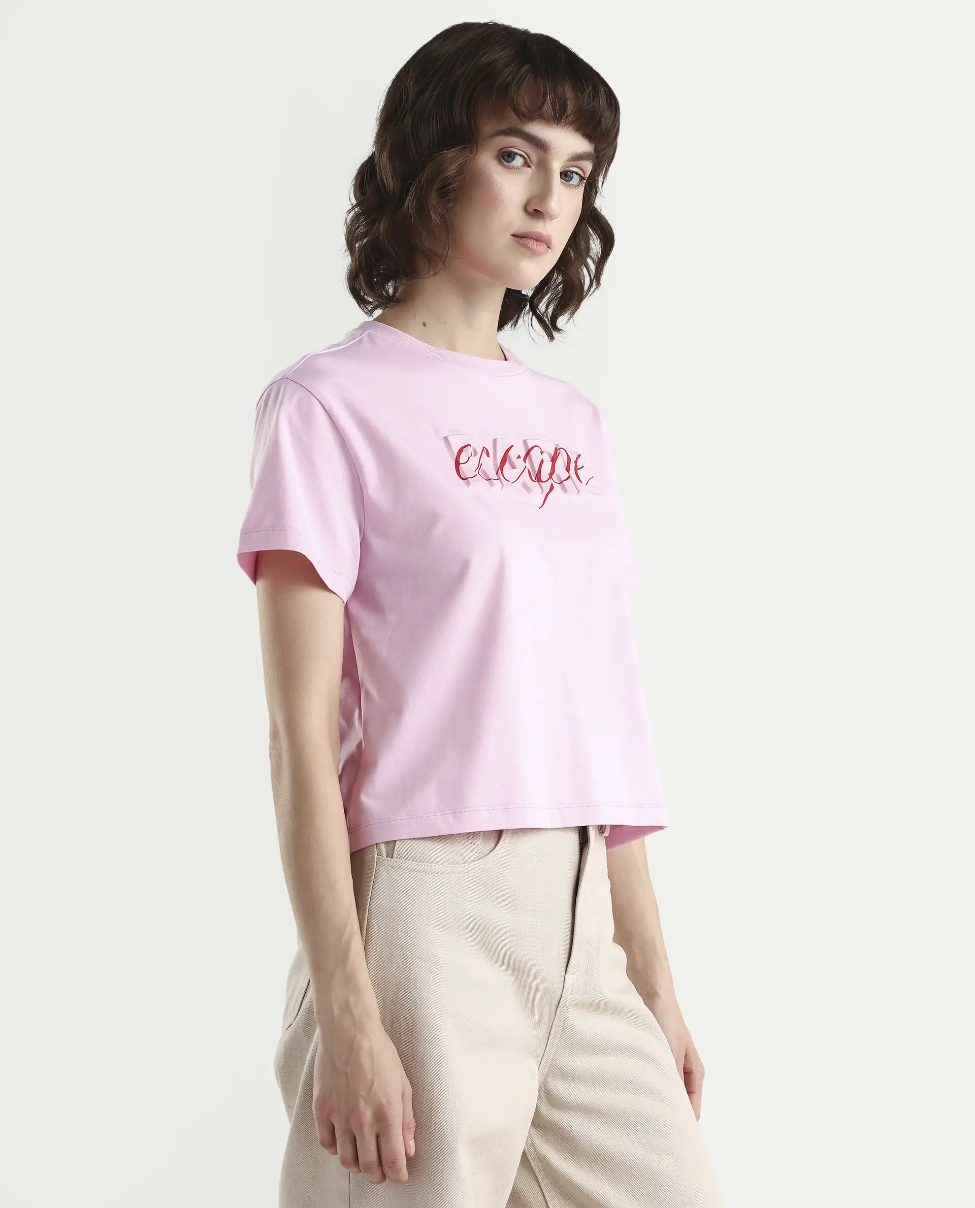 Rareism Women's Zinc Pink Cotton Blend Half Sleeve Relaxed Fit Printed T-Shirt - Image 6