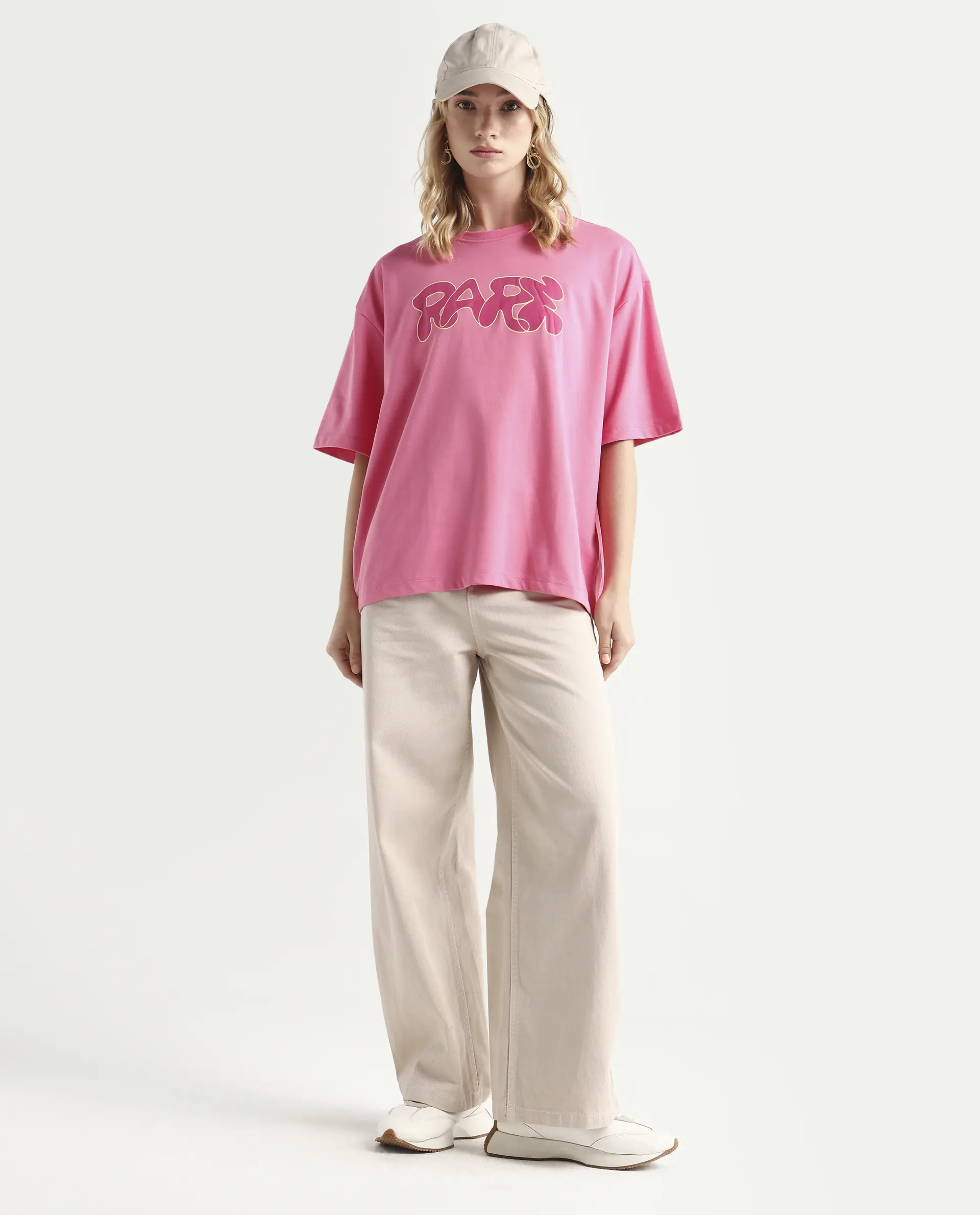 Rareism Women's Zines Pink Cotton Blend Crew Neck Graphic Print Oversized T-Shirt Oversize - Image 2