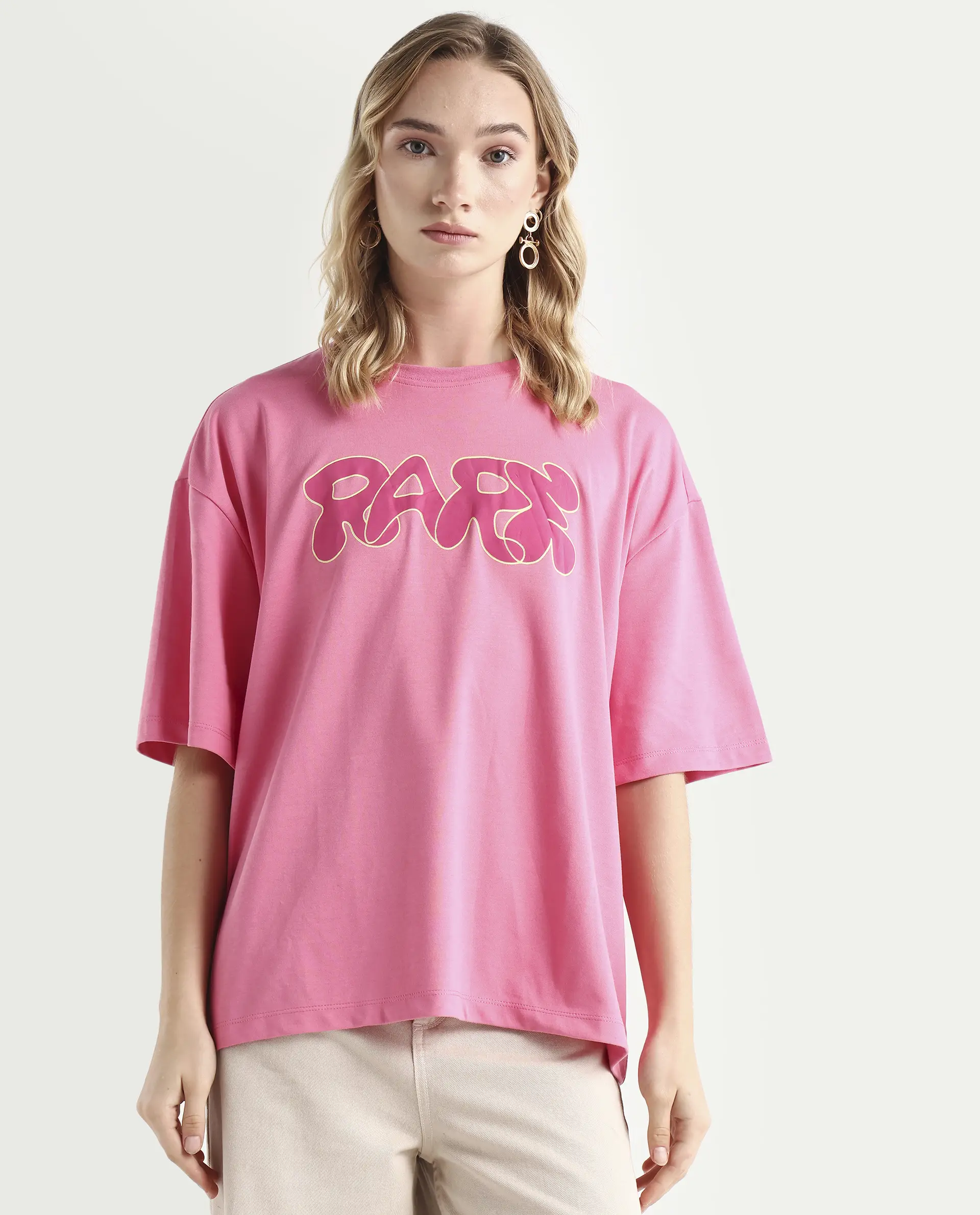 Rareism Women's Zines Pink Cotton Blend Crew Neck Graphic Print Oversized T-Shirt Oversize - Image 3