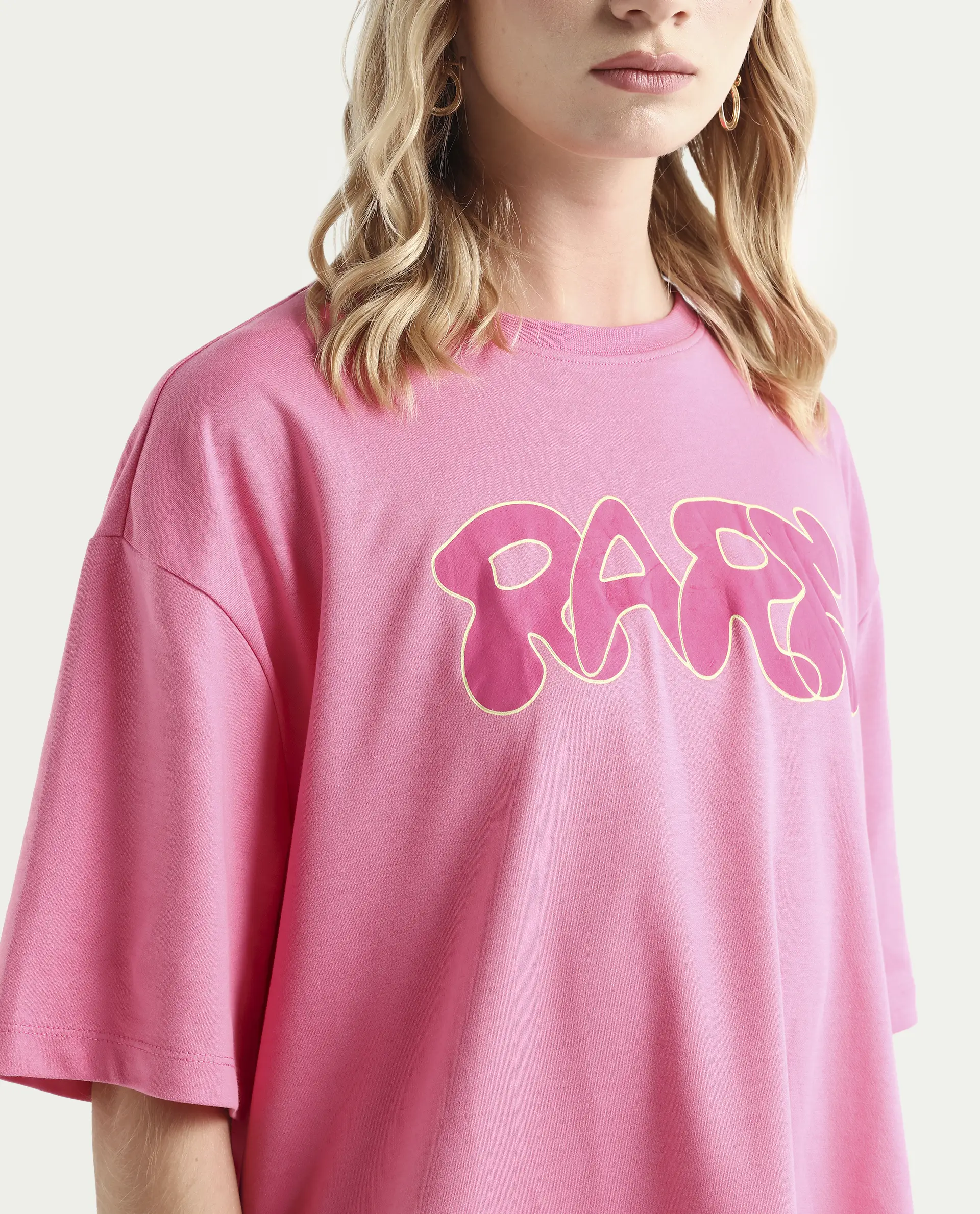 Rareism Women's Zines Pink Cotton Blend Crew Neck Graphic Print Oversized T-Shirt Oversize - Image 4