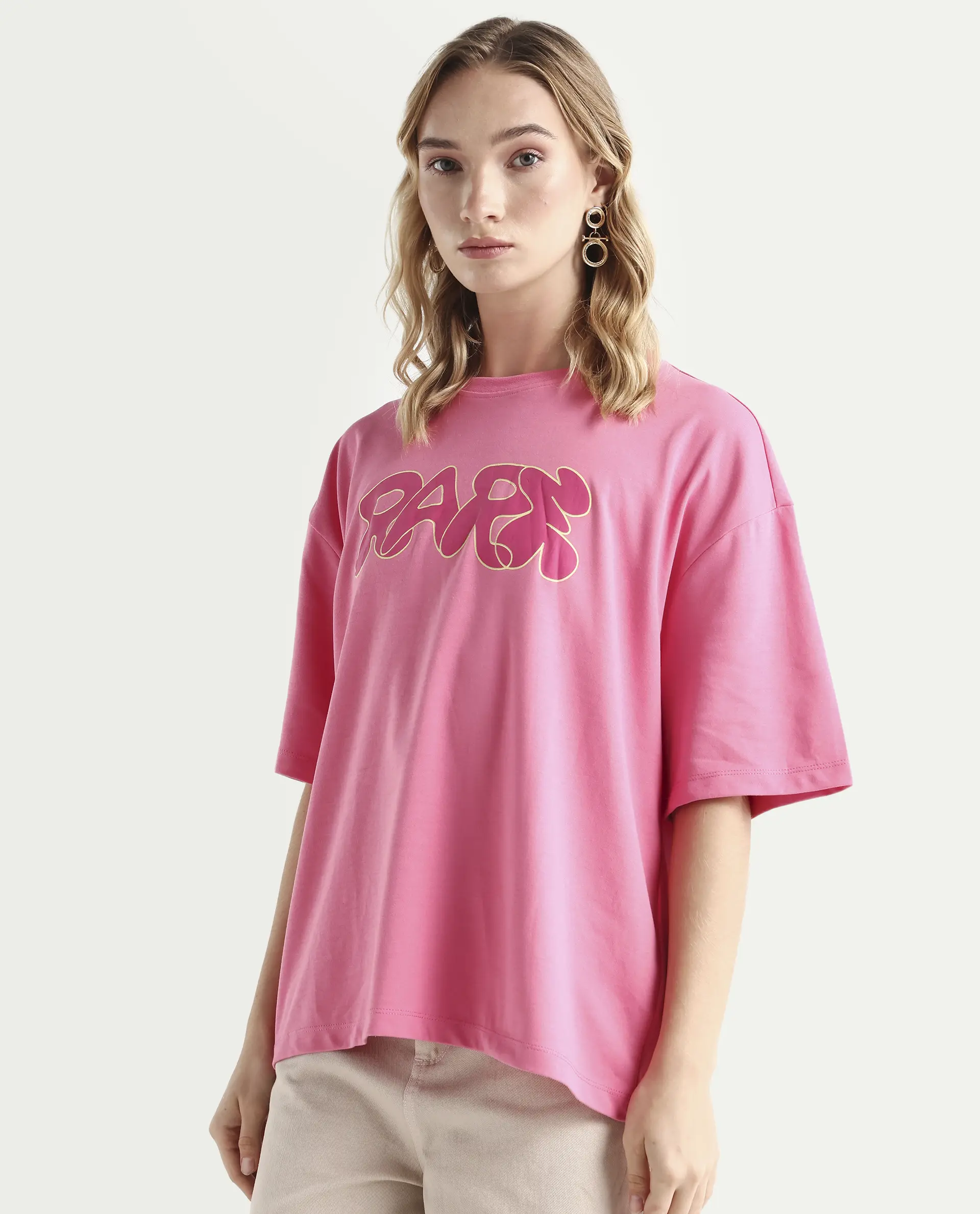 Rareism Women's Zines Pink Cotton Blend Crew Neck Graphic Print Oversized T-Shirt Oversize - Image 5