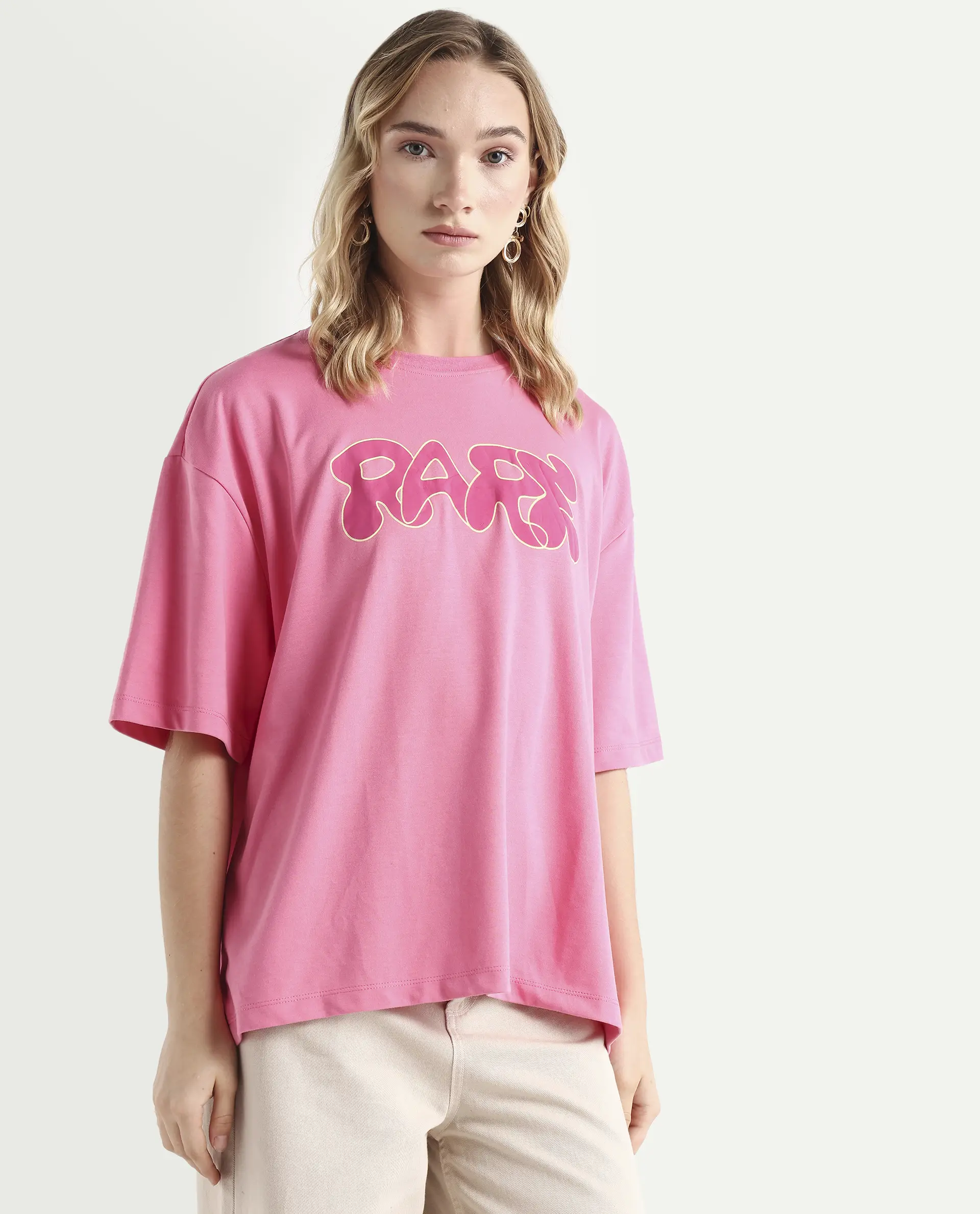 Rareism Women's Zines Pink Cotton Blend Crew Neck Graphic Print Oversized T-Shirt Oversize - Image 6