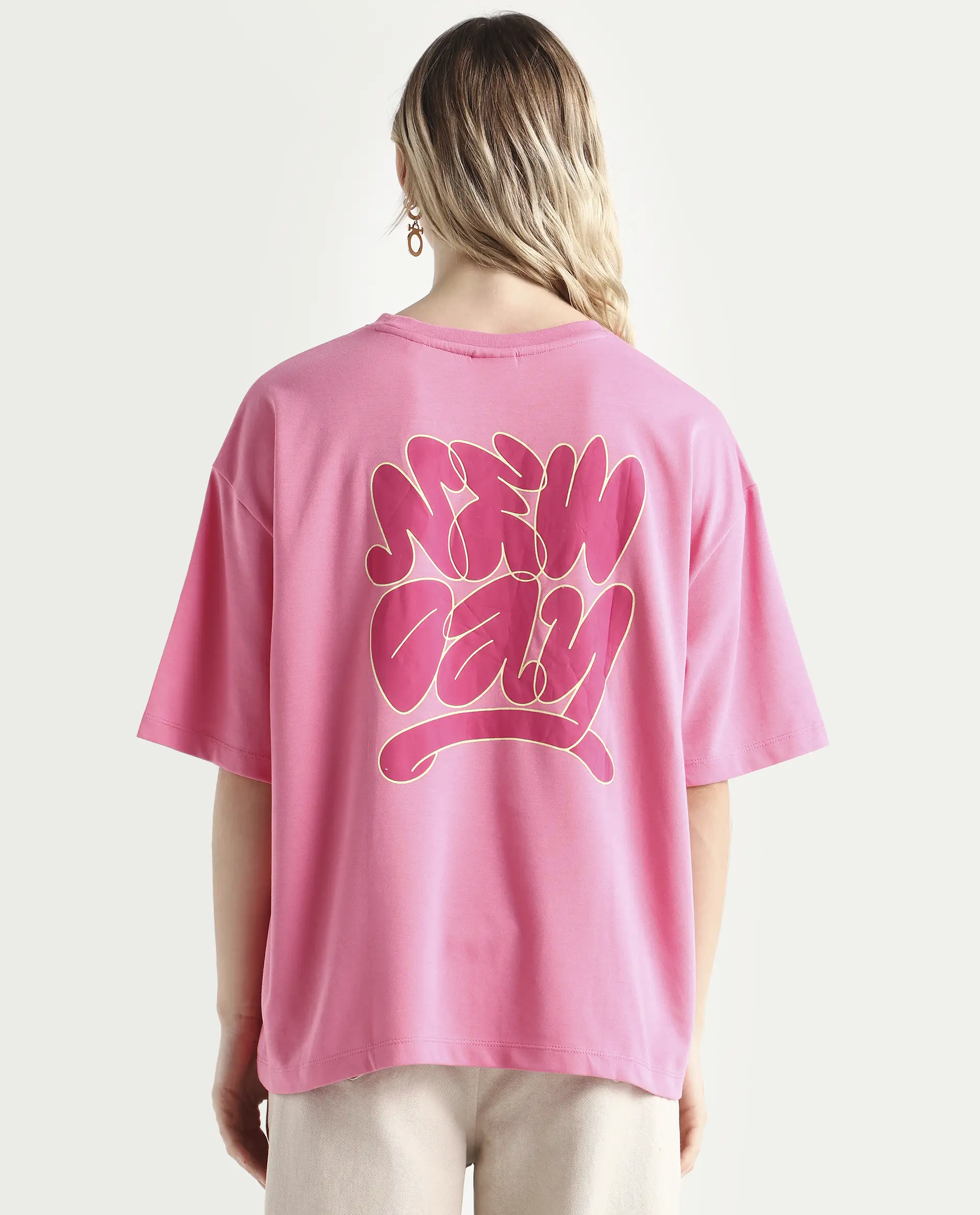 Rareism Women's Zines Pink Cotton Blend Crew Neck Graphic Print Oversized T-Shirt Oversize - Image 7