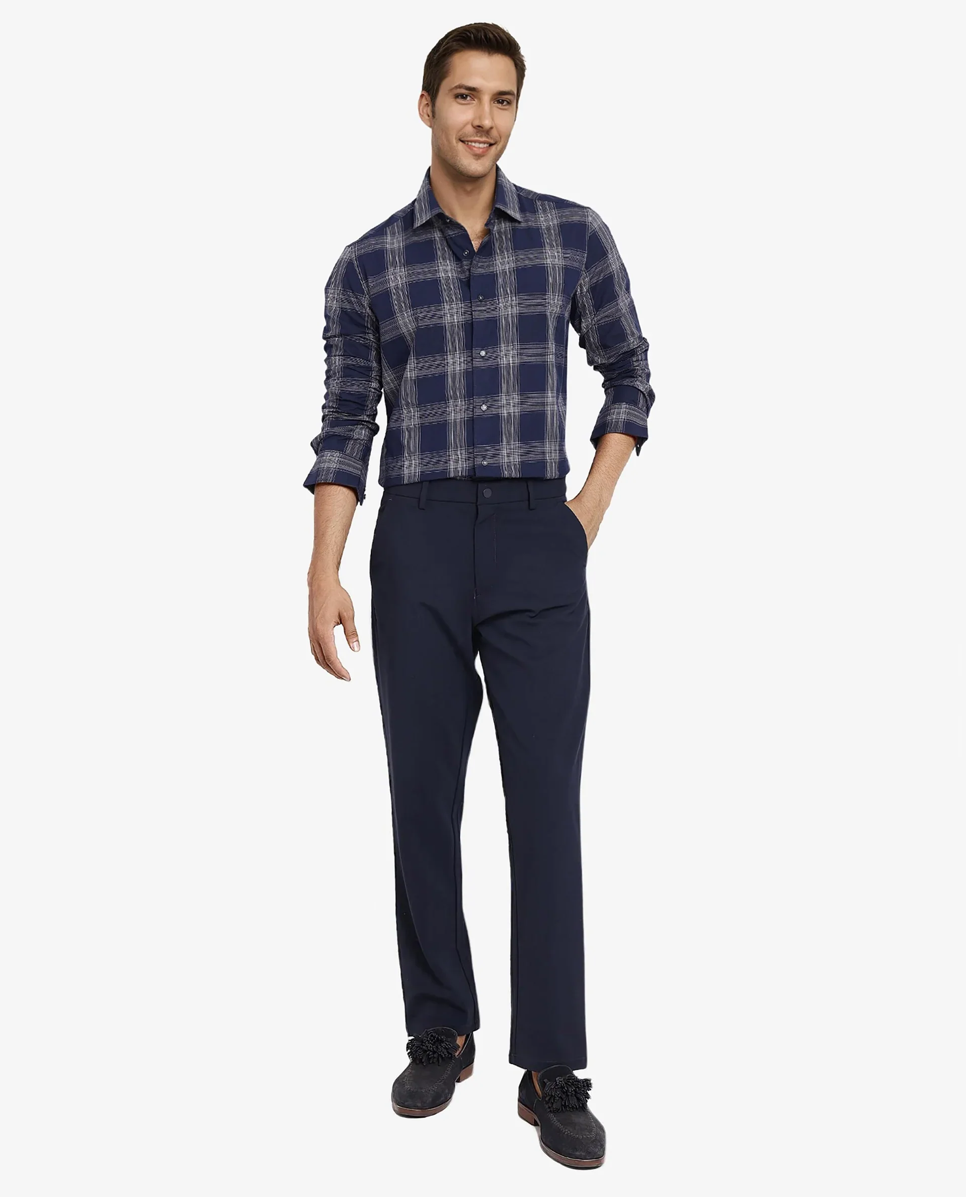 Rare Rabbit Men's Zinga Navy Cotton Checked Print Regular Fit Full Sleeve Collared Shirt - Image 3
