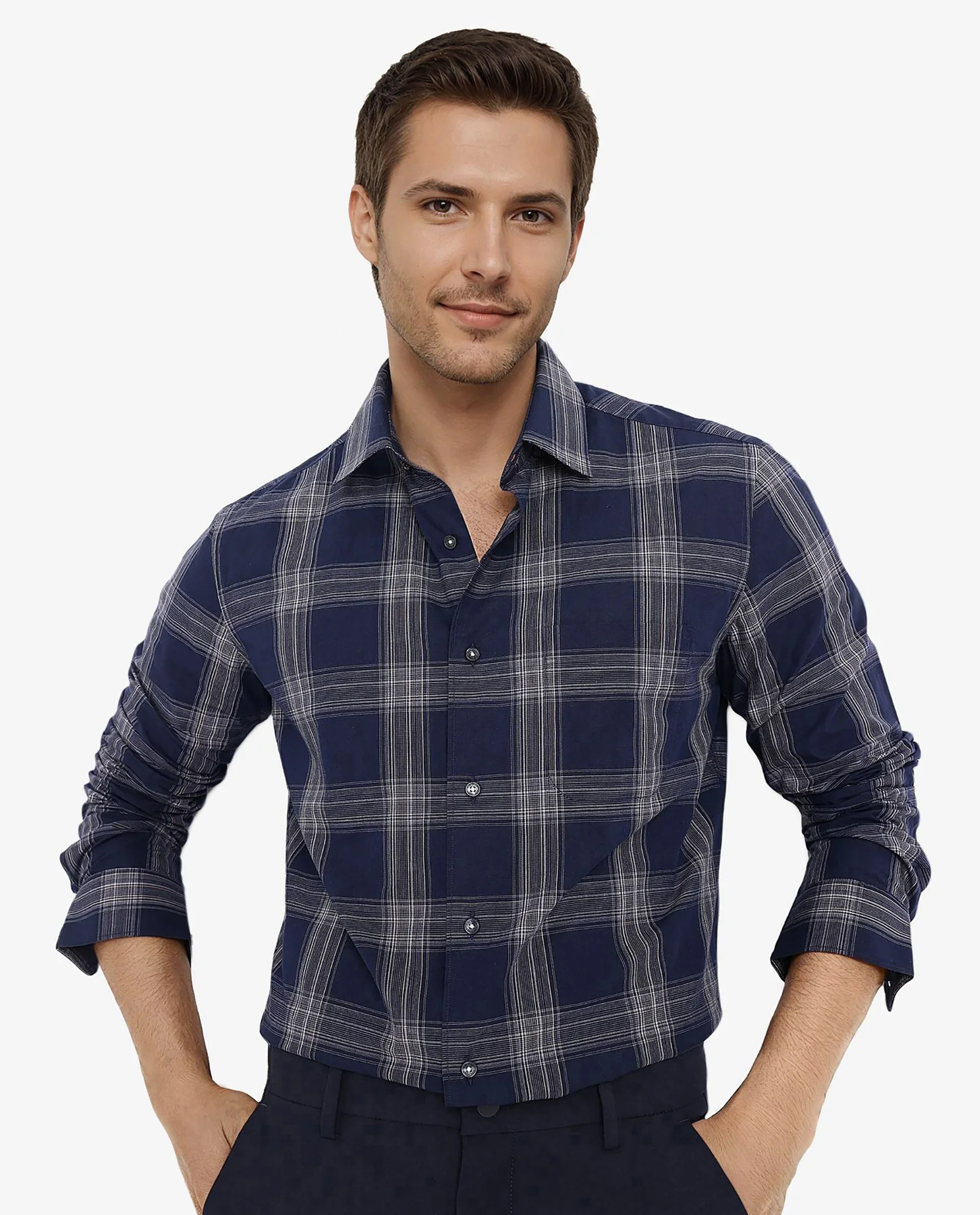 Rare Rabbit Men's Zinga Navy Cotton Checked Print Regular Fit Full Sleeve Collared Shirt - Image 5