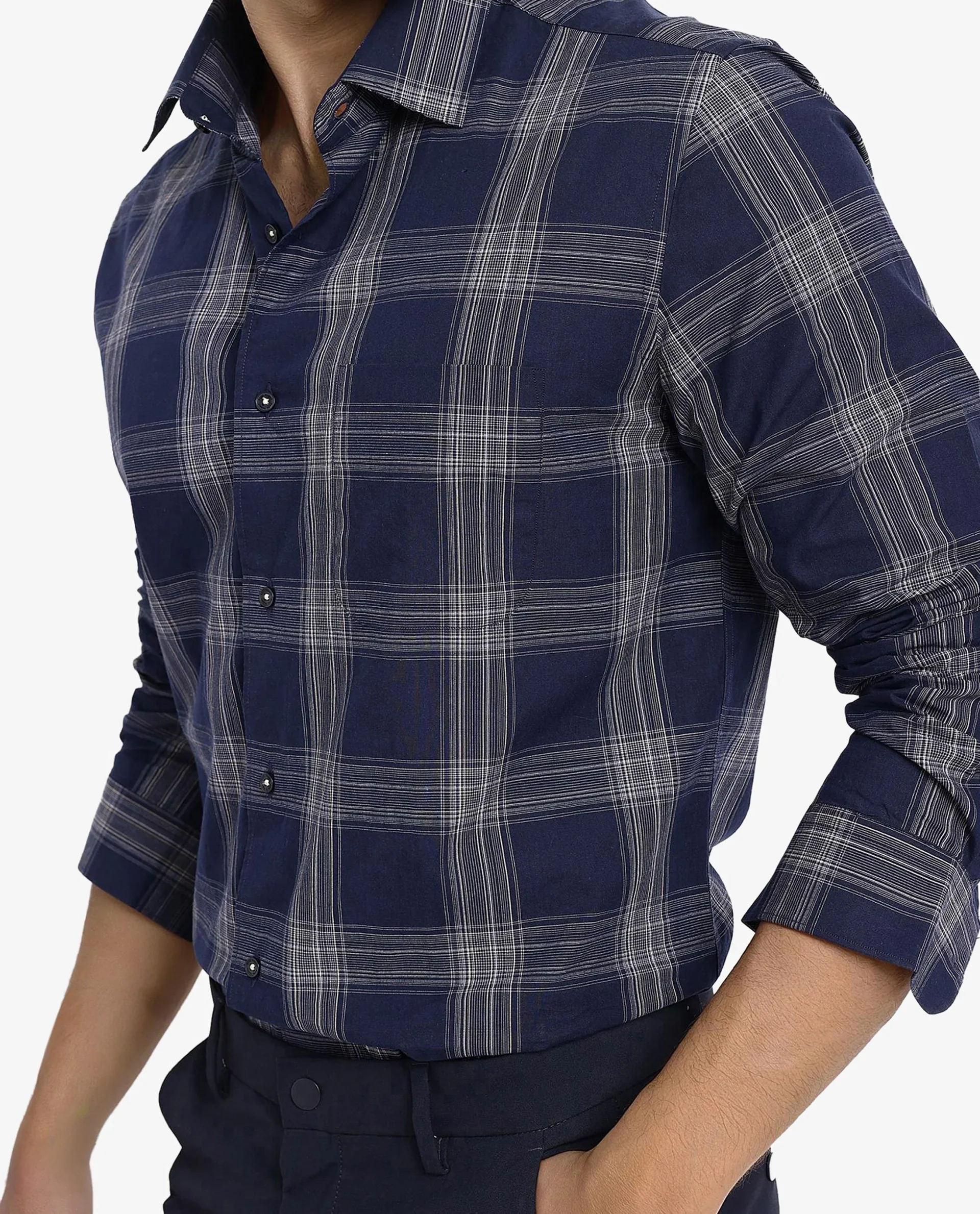Rare Rabbit Men's Zinga Navy Cotton Checked Print Regular Fit Full Sleeve Collared Shirt - Image 6