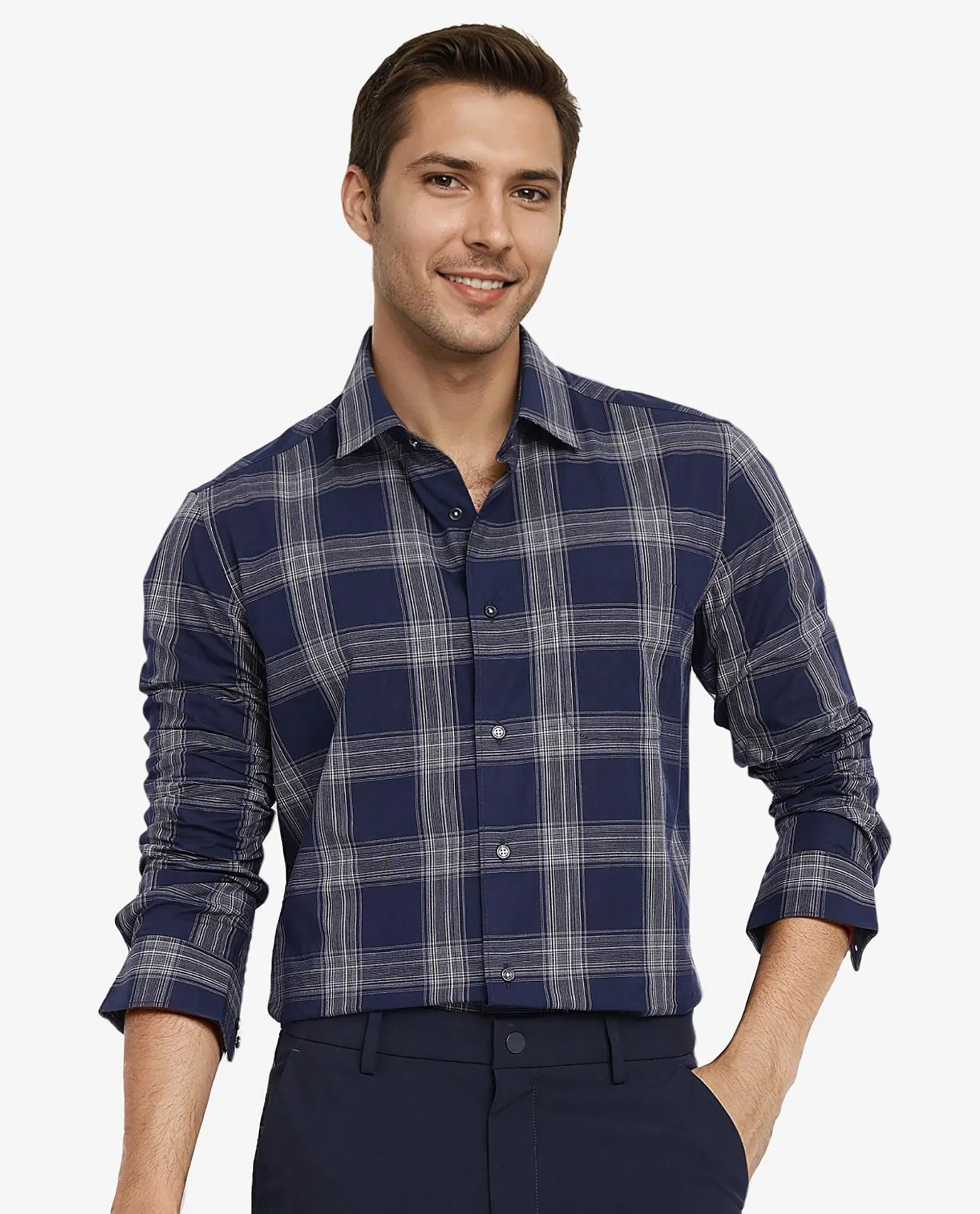 Rare Rabbit Men's Zinga Navy Cotton Checked Print Regular Fit Full Sleeve Collared Shirt - Image 7