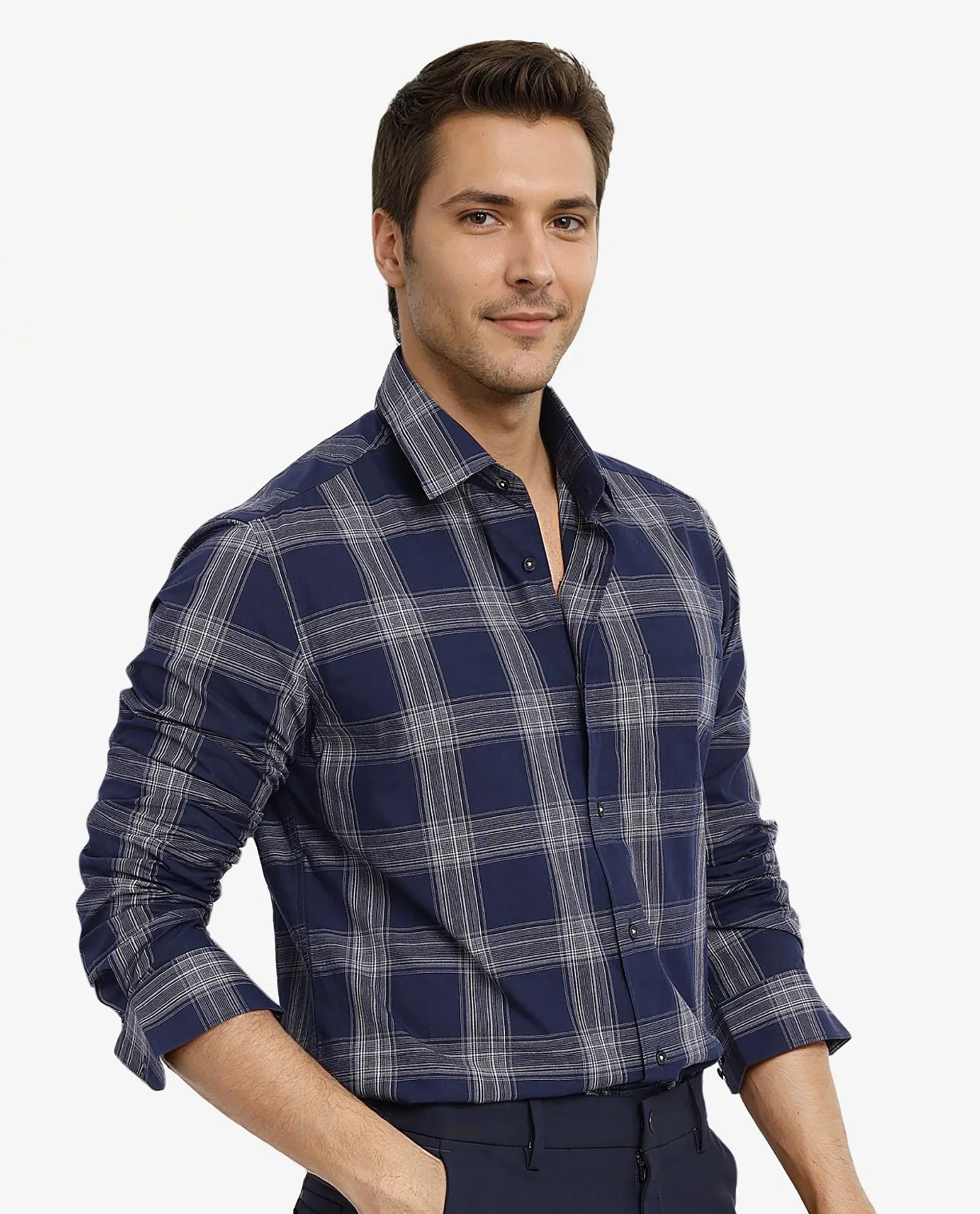 Rare Rabbit Men's Zinga Navy Cotton Checked Print Regular Fit Full Sleeve Collared Shirt - Image 8