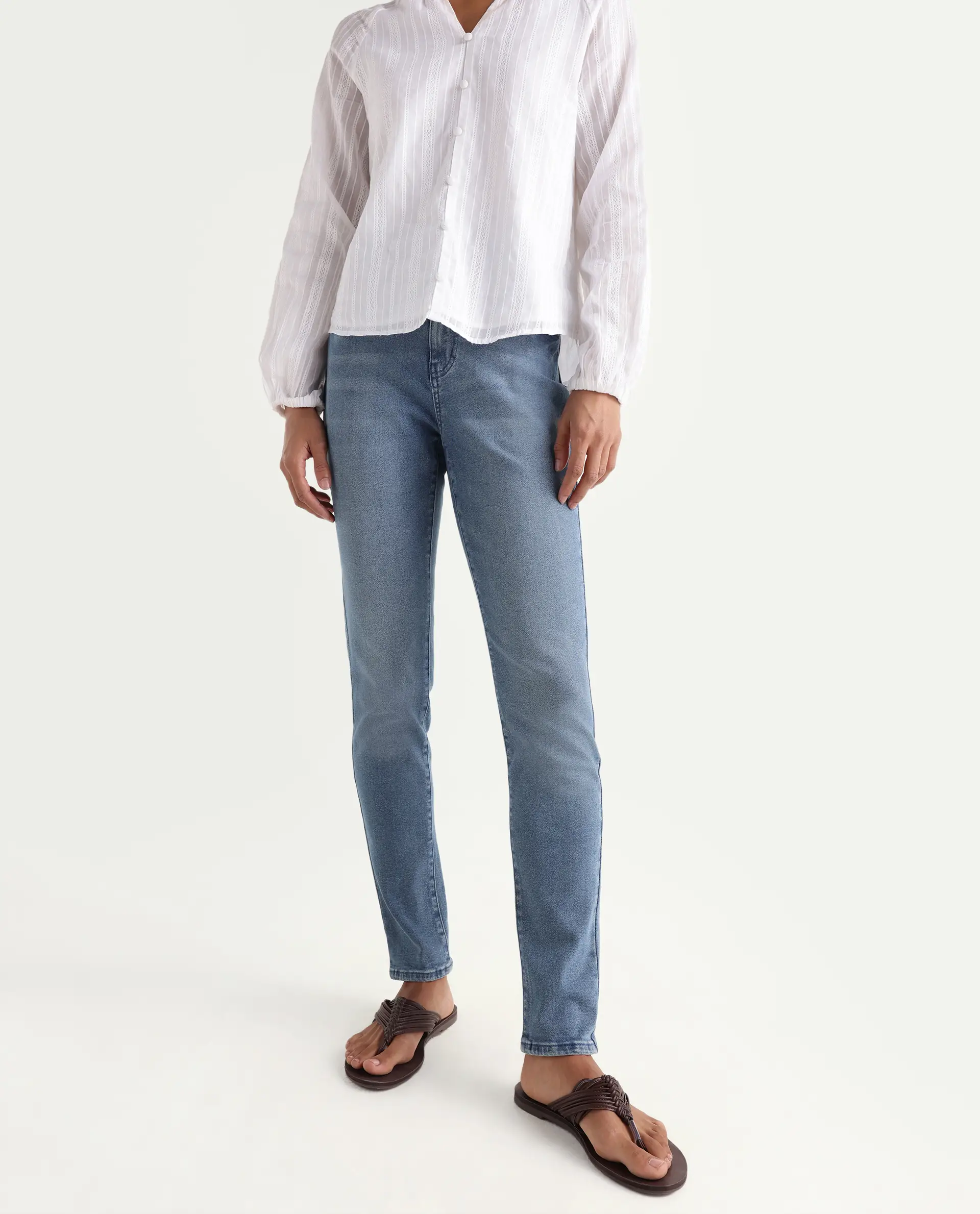 Rareism Women's Zinga Blue Cotton Blend Plain Ankle Length Skinny Fit Jeans - Image 2