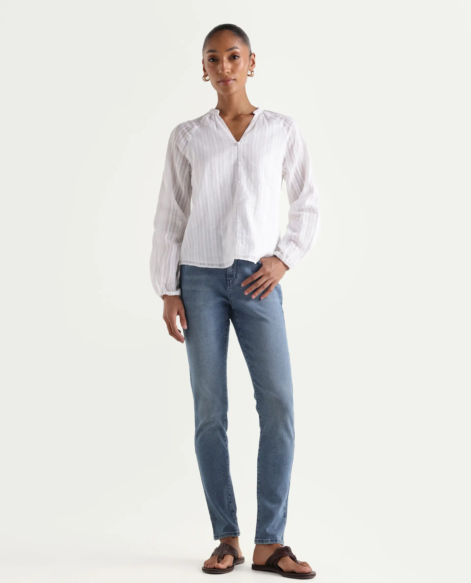 Rareism Women's Zinga Blue Cotton Blend Plain Ankle Length Skinny Fit Jeans - Image 4