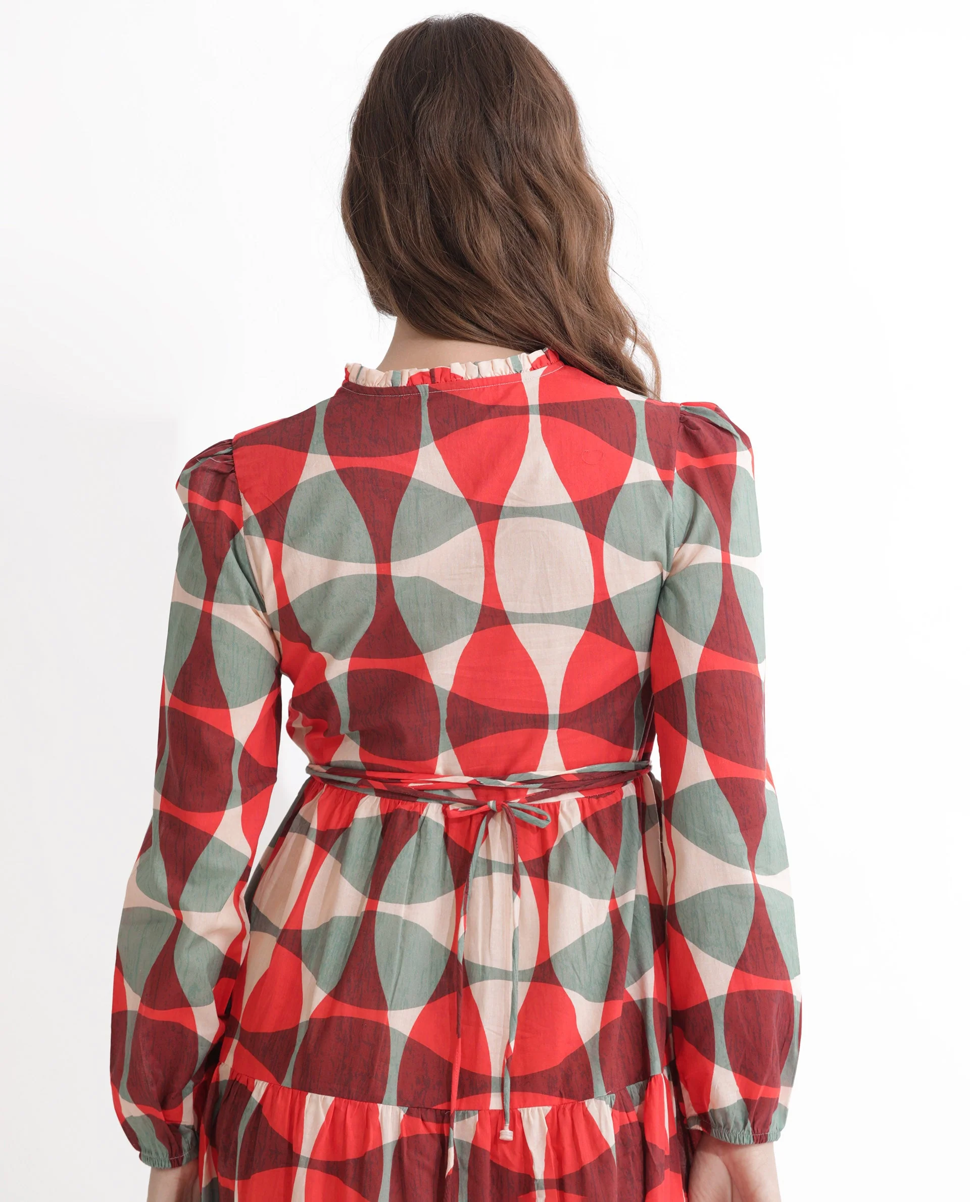 Rareism Women's Zingo Red Cotton Sweetheart Neck Geometric Print Knee Length Flared Dress - Image 10