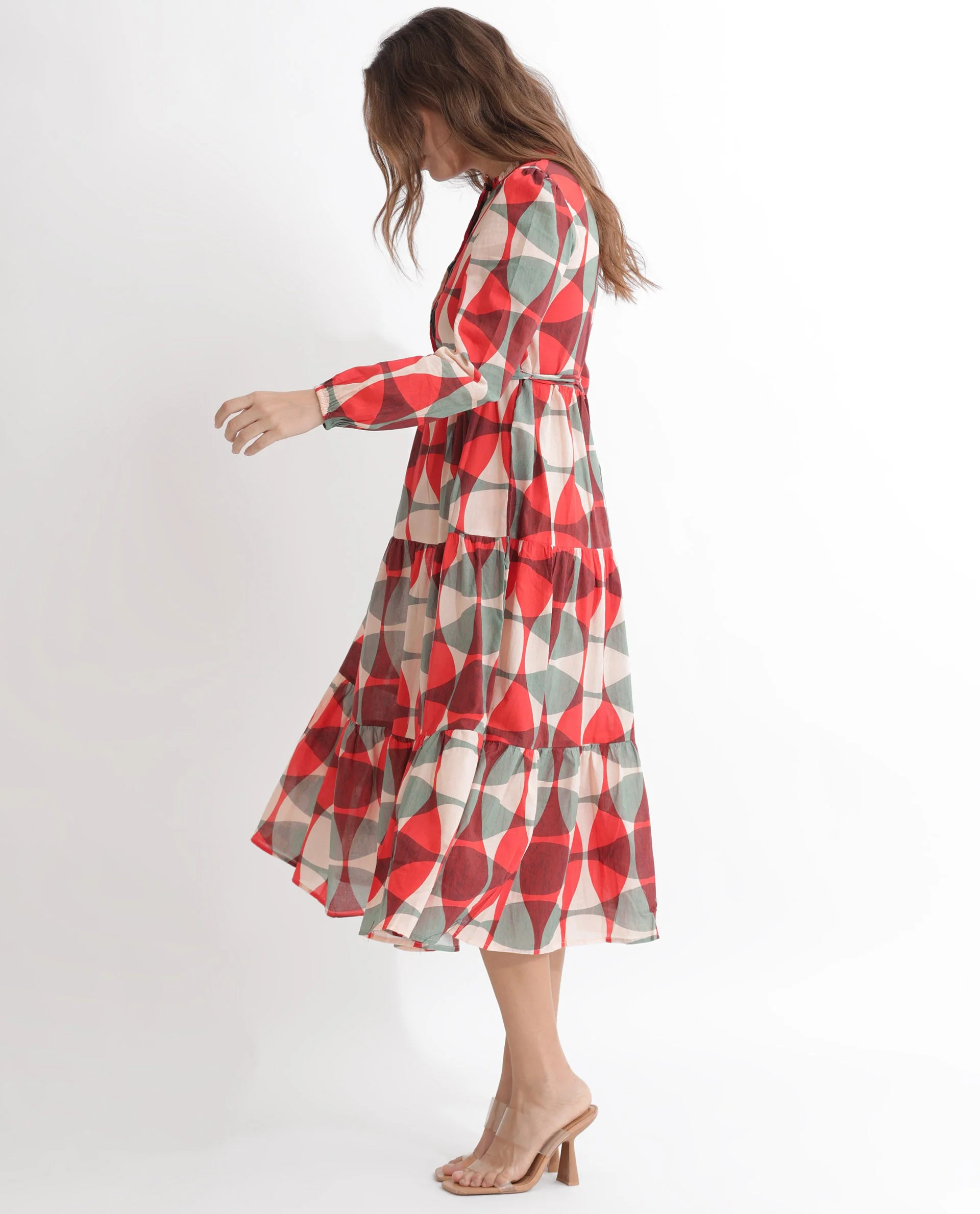 Rareism Women's Zingo Red Cotton Sweetheart Neck Geometric Print Knee Length Flared Dress - Image 11
