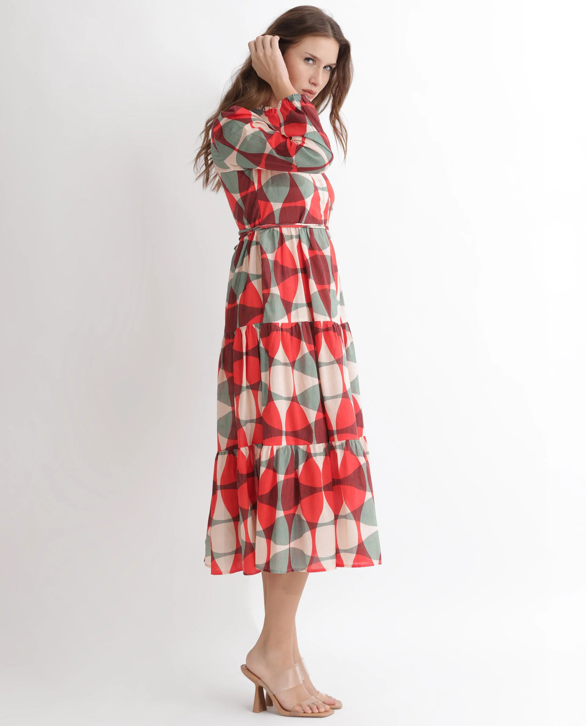 Rareism Women's Zingo Red Cotton Sweetheart Neck Geometric Print Knee Length Flared Dress - Image 12