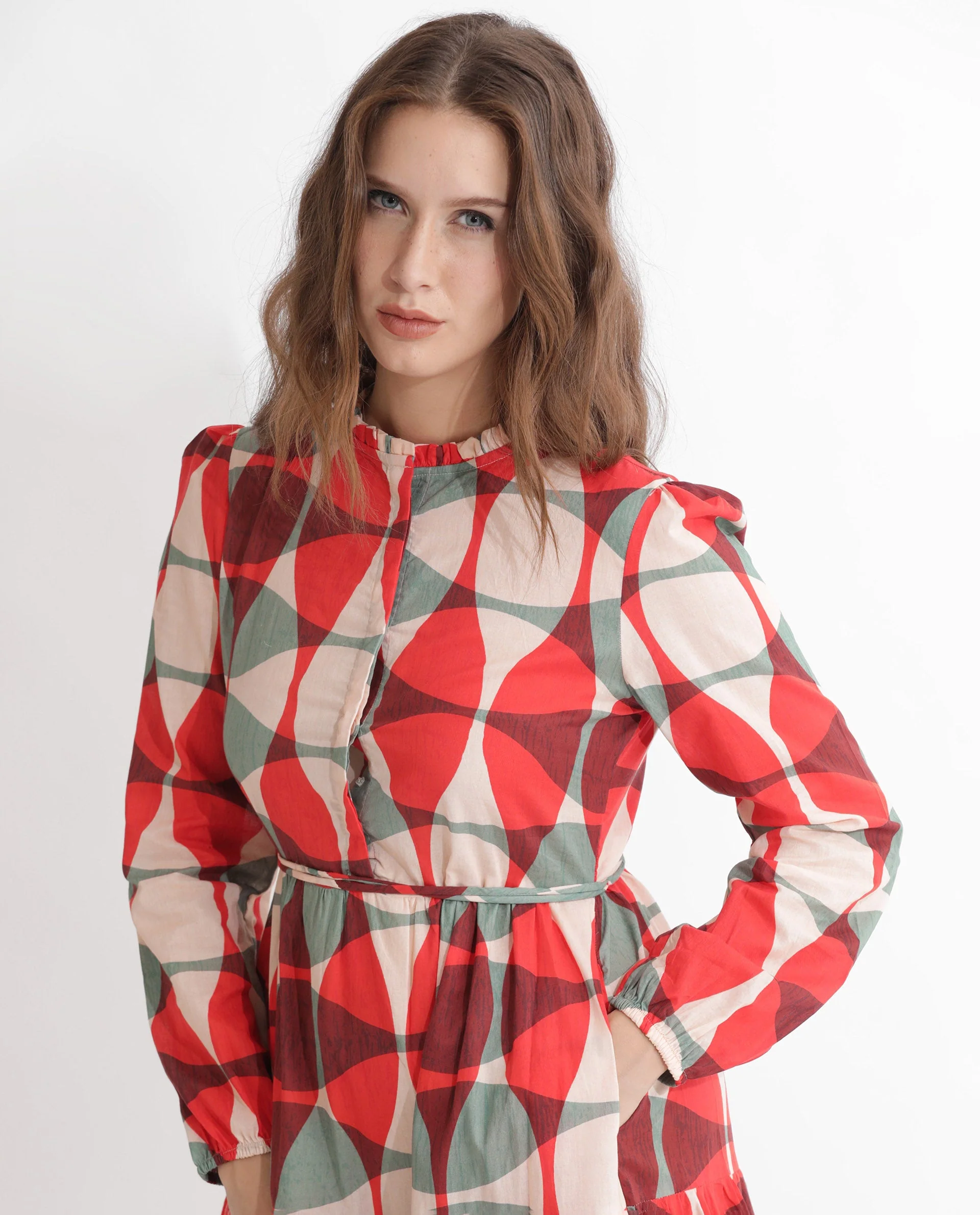 Rareism Women's Zingo Red Cotton Sweetheart Neck Geometric Print Knee Length Flared Dress - Image 2