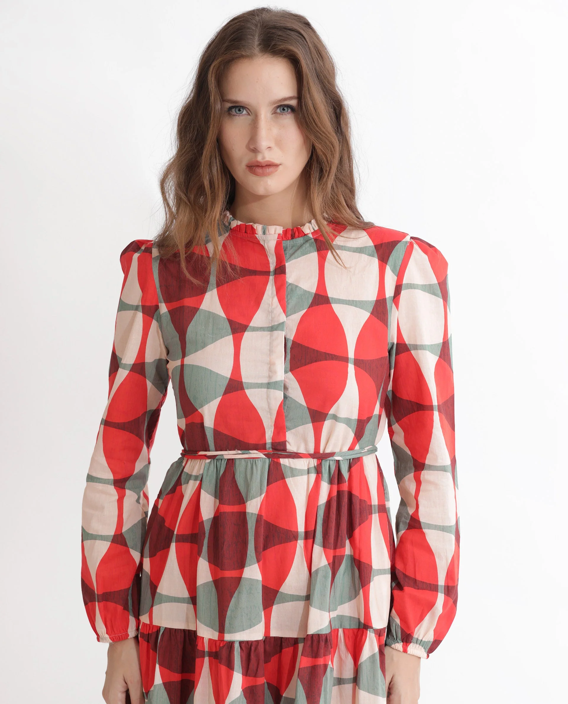 Rareism Women's Zingo Red Cotton Sweetheart Neck Geometric Print Knee Length Flared Dress - Image 3