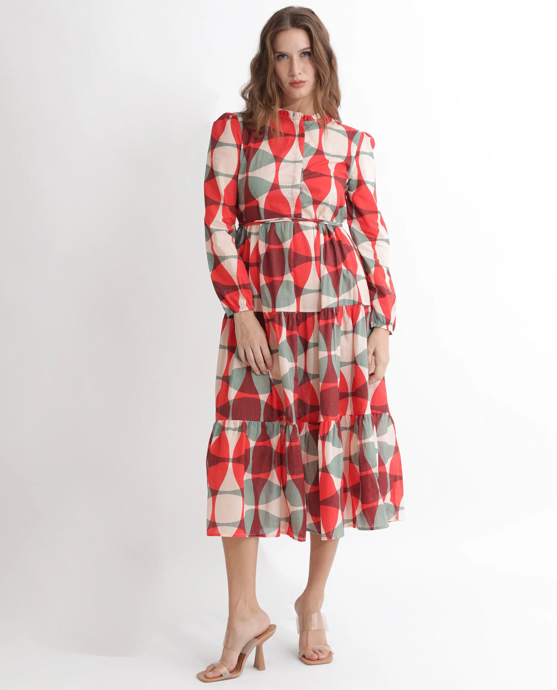 Rareism Women's Zingo Red Cotton Sweetheart Neck Geometric Print Knee Length Flared Dress - Image 4