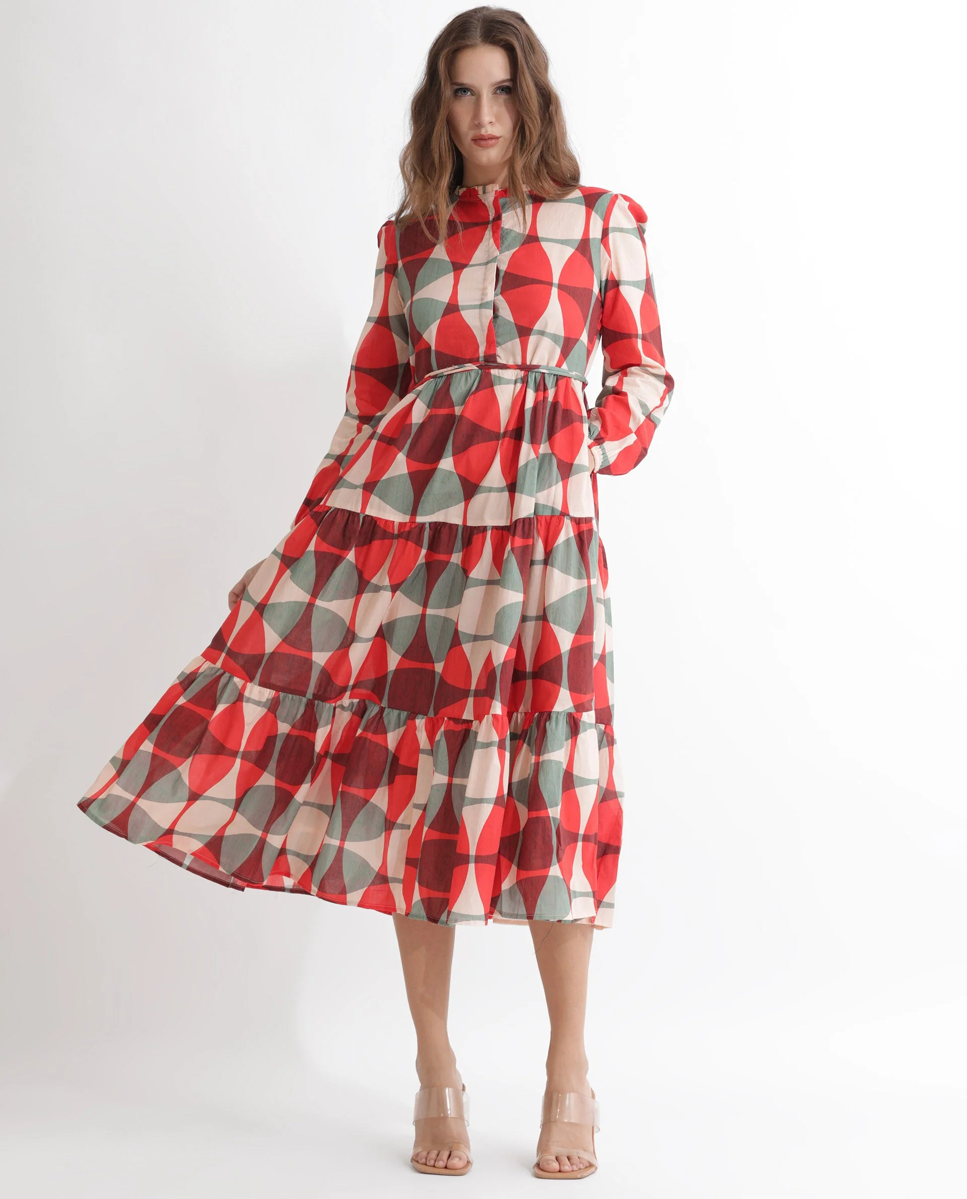 Rareism Women's Zingo Red Cotton Sweetheart Neck Geometric Print Knee Length Flared Dress - Image 5