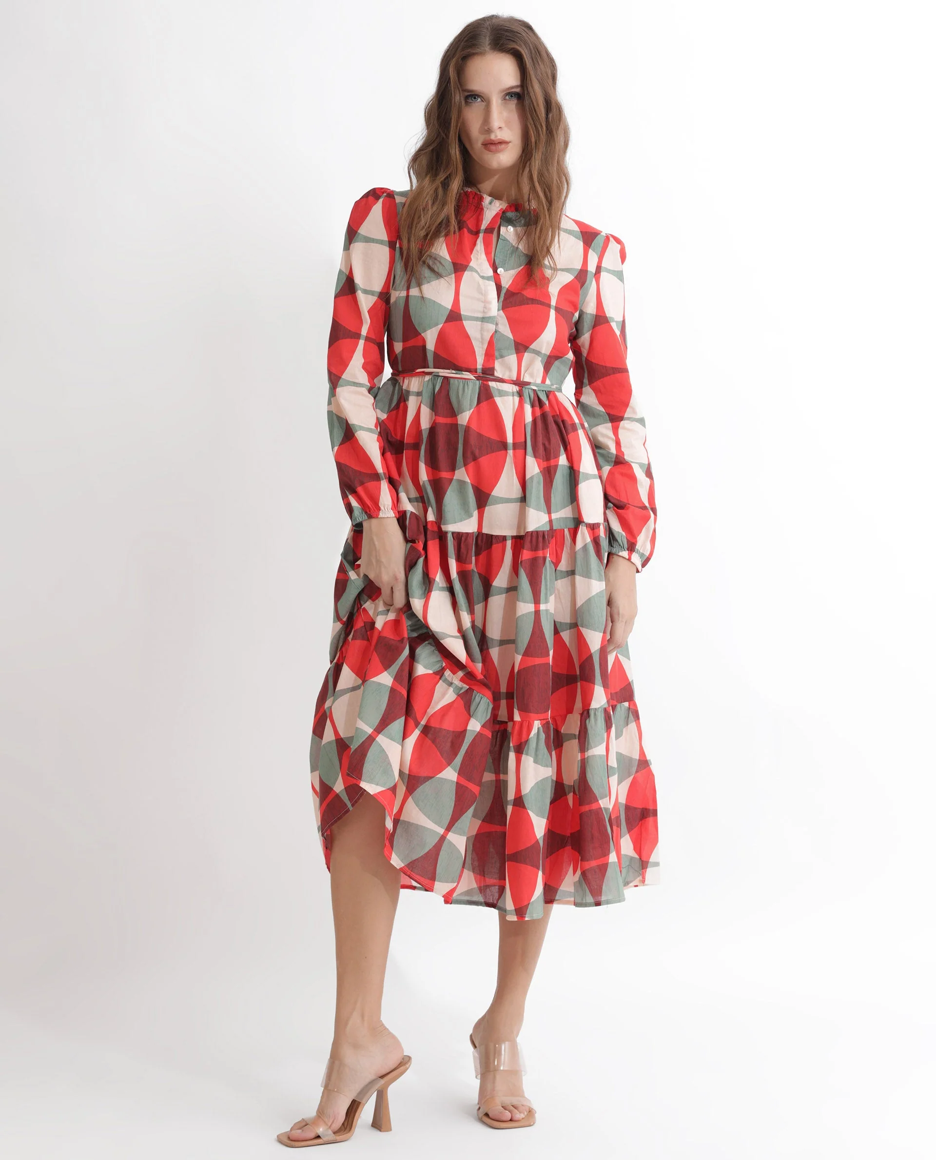 Rareism Women's Zingo Red Cotton Sweetheart Neck Geometric Print Knee Length Flared Dress - Image 6